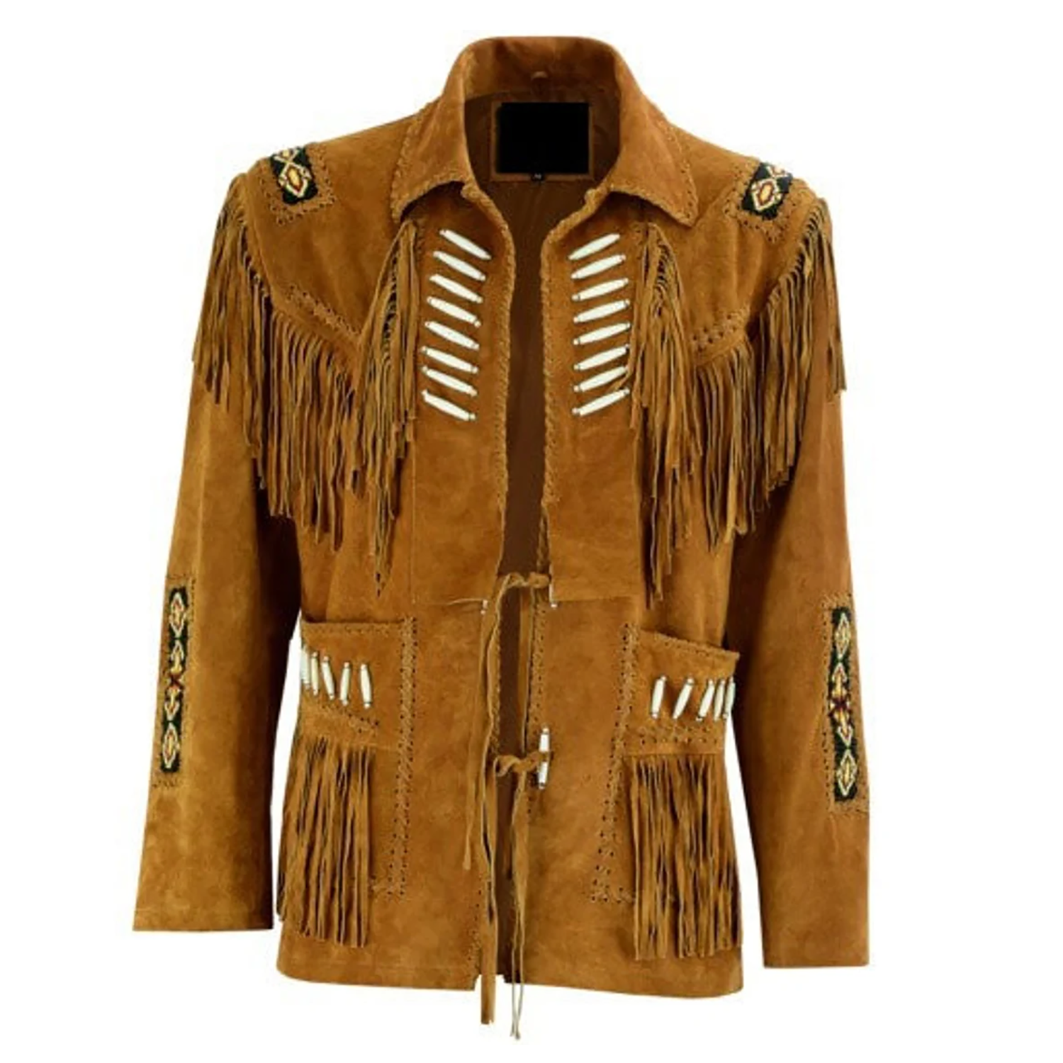 Cowgirl Brown Suede Leather Fringes Bone Bead Jacket front view
