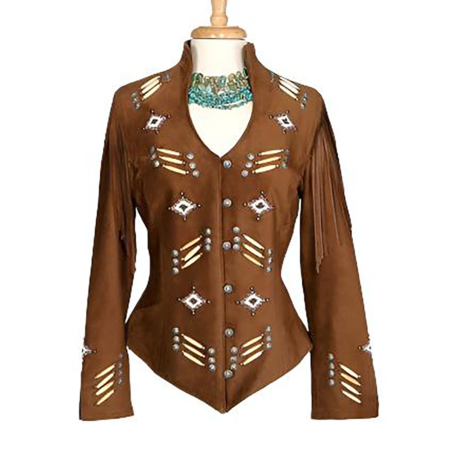 Cowgirl Brown Suede Leather Fringes Bone Beaded Jacket front view