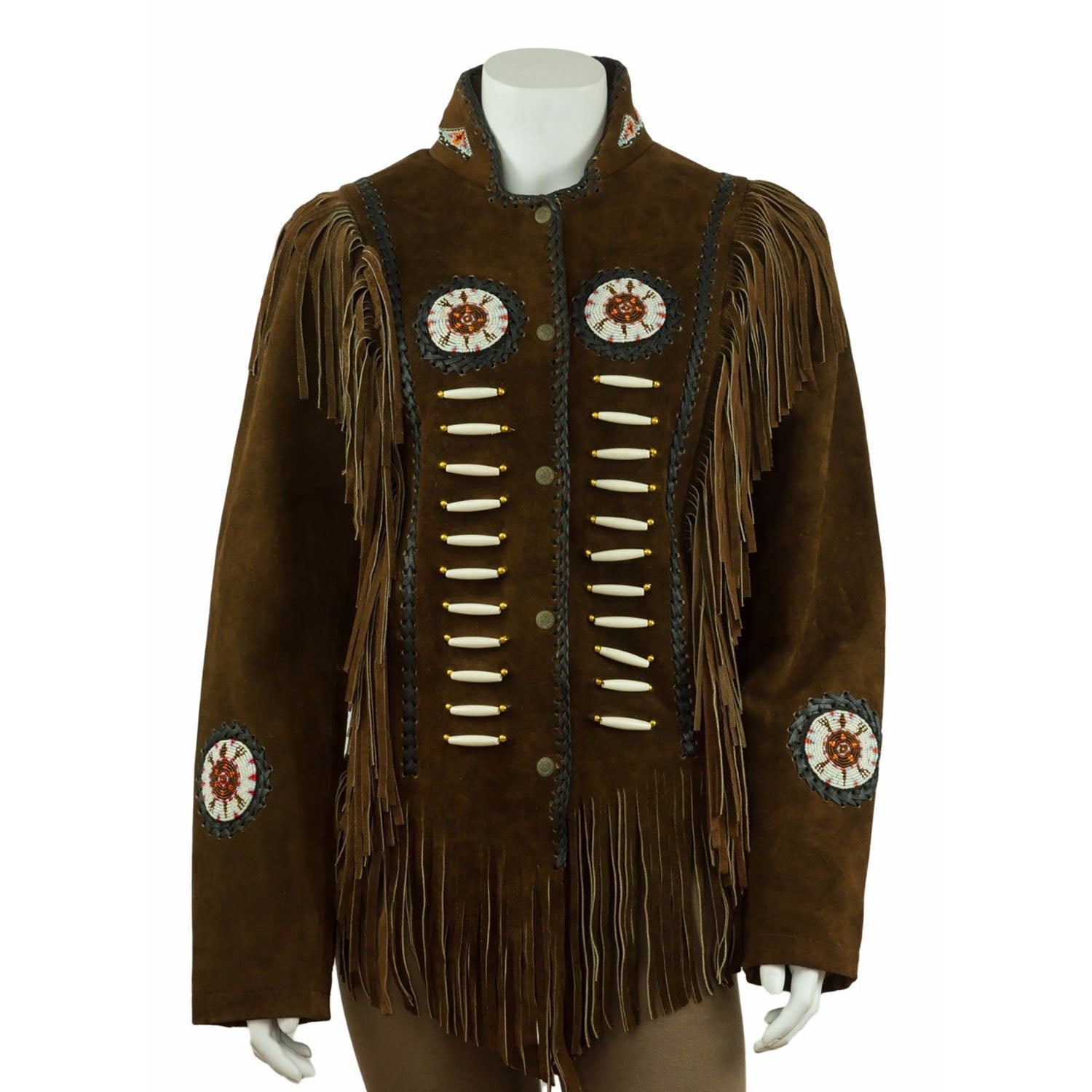 Cowgirl Brown Suede Leather Fringes Bone Beaded Jacket front view