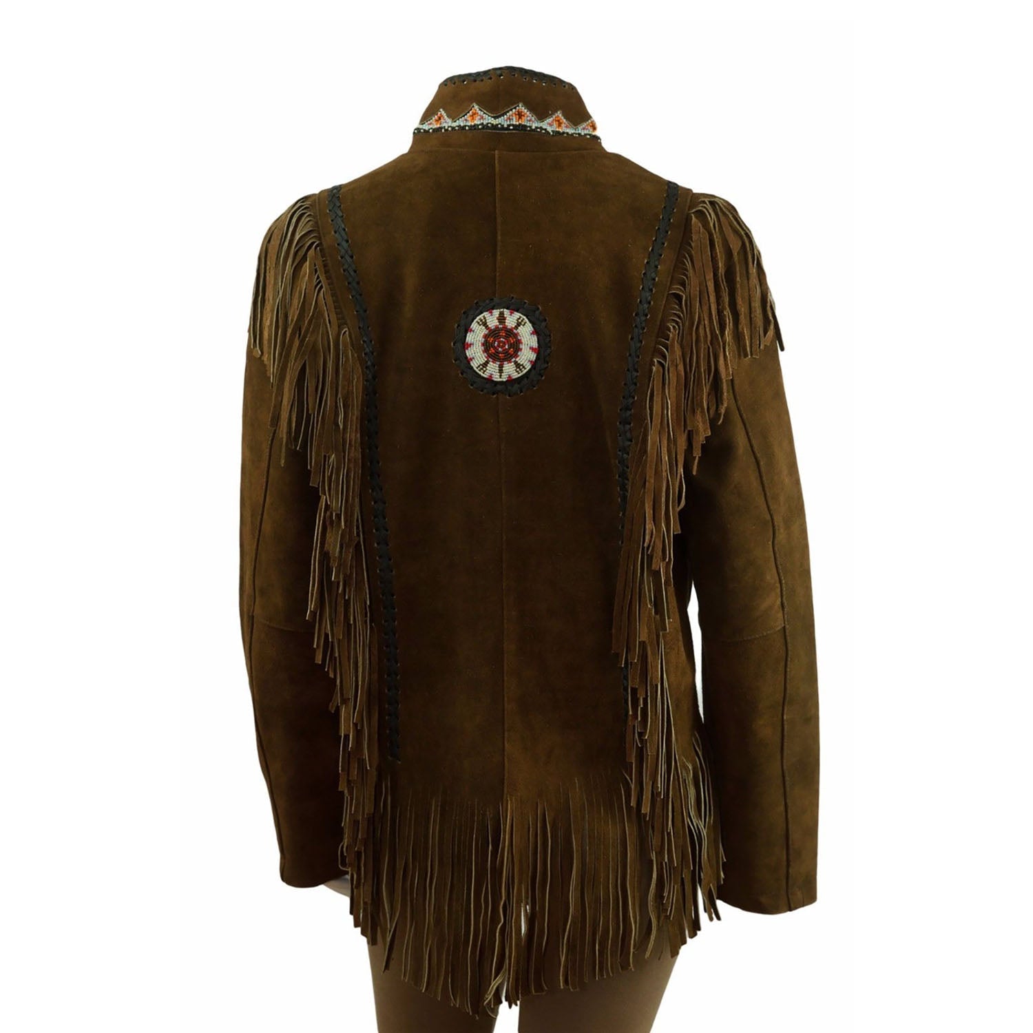 Cowgirl Brown Suede Leather Fringes Bone Beaded Jacket side view