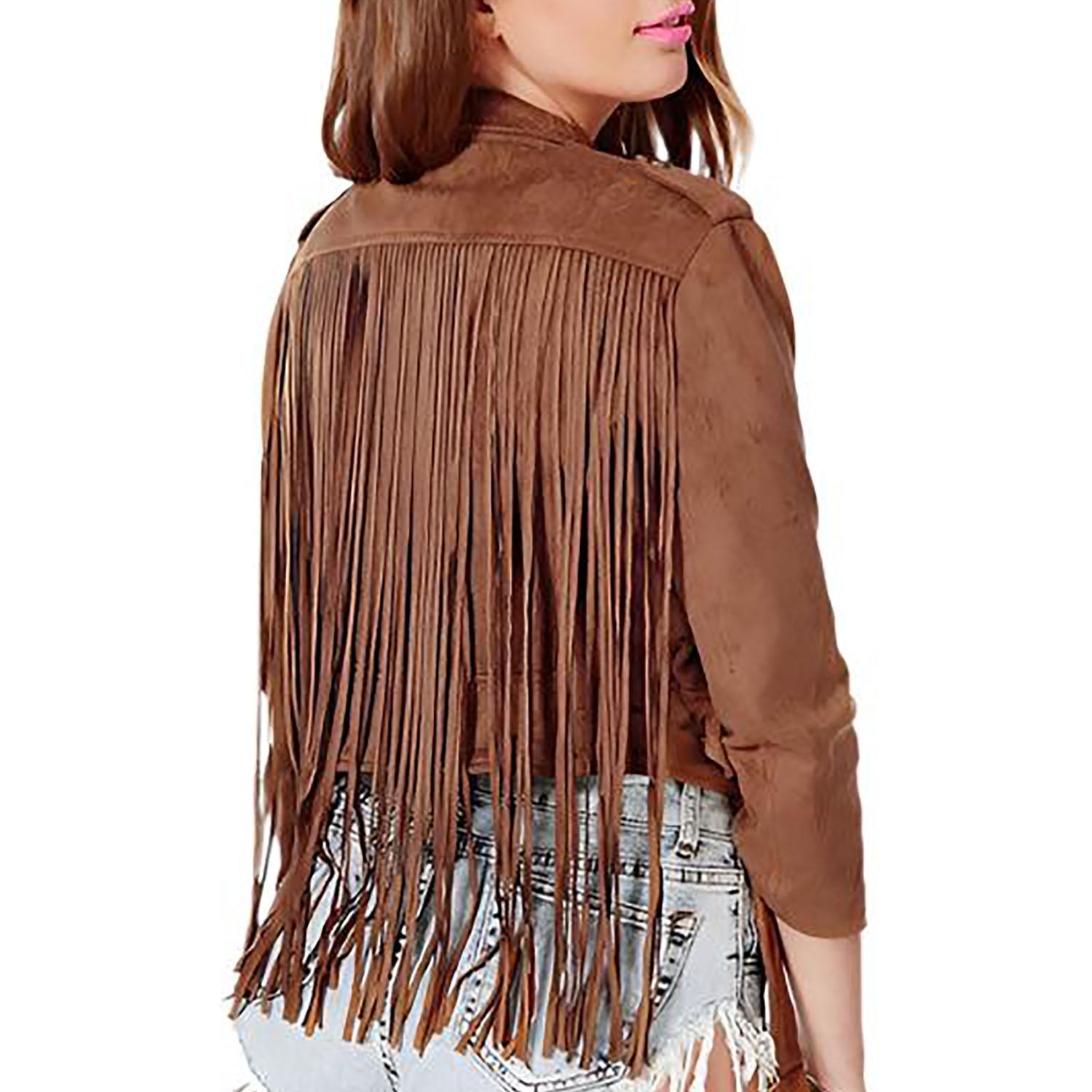 Cowgirl Brown Suede Leather Long Fringe Biker Jacket side view