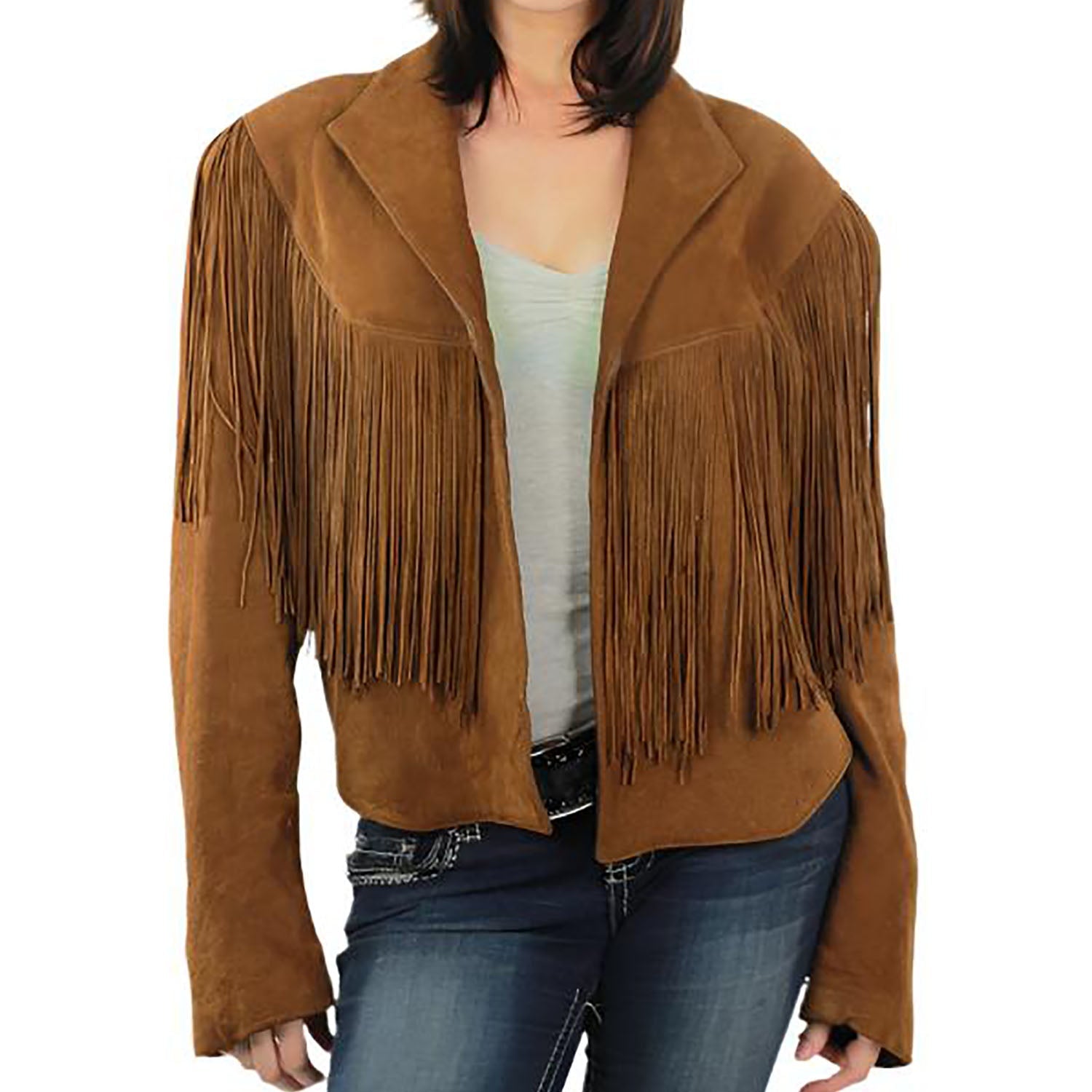Cowgirl Brown Suede Leather Long Fringe Jacket front view