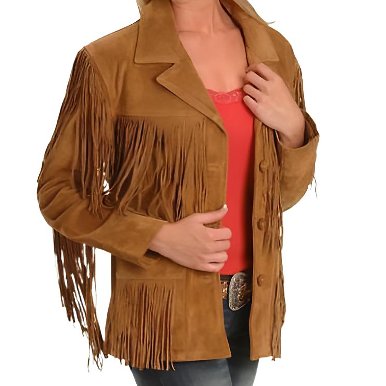 Cowgirl Brown Suede Leather Long Fringe Jacket front view