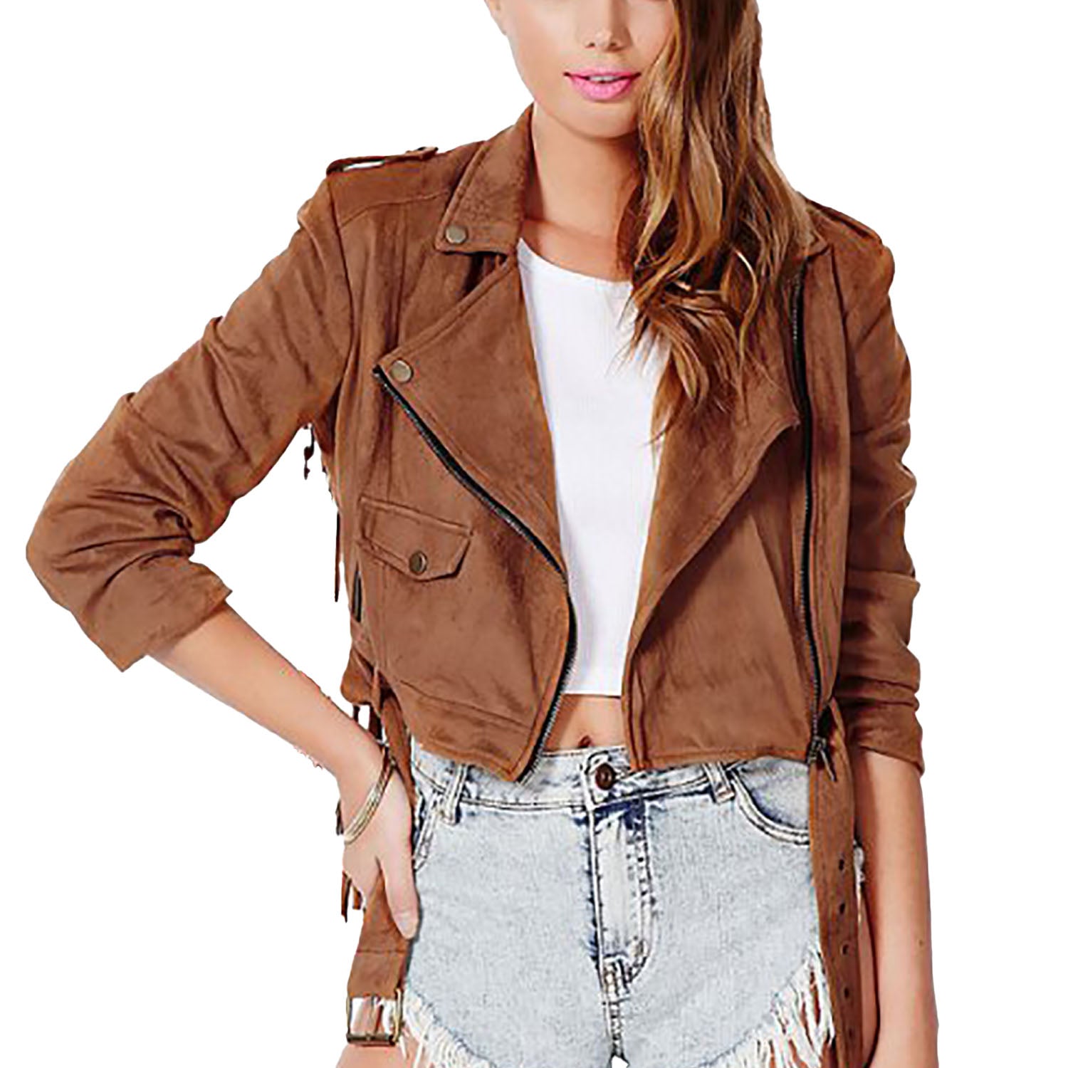 Cowgirl Brown Suede Leather Long Fringes Biker Jacket front view