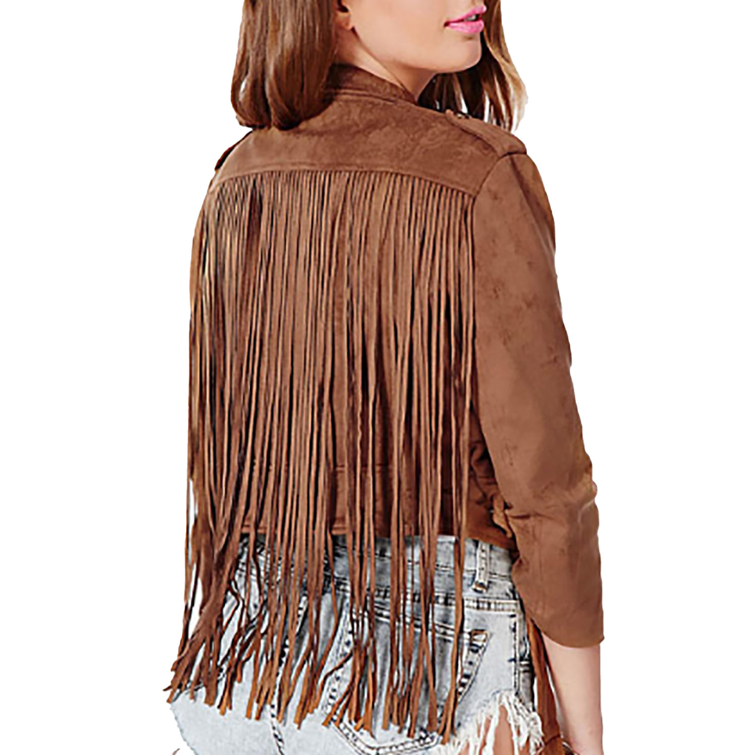 Cowgirl Brown Suede Leather Long Fringes Biker Jacket side view