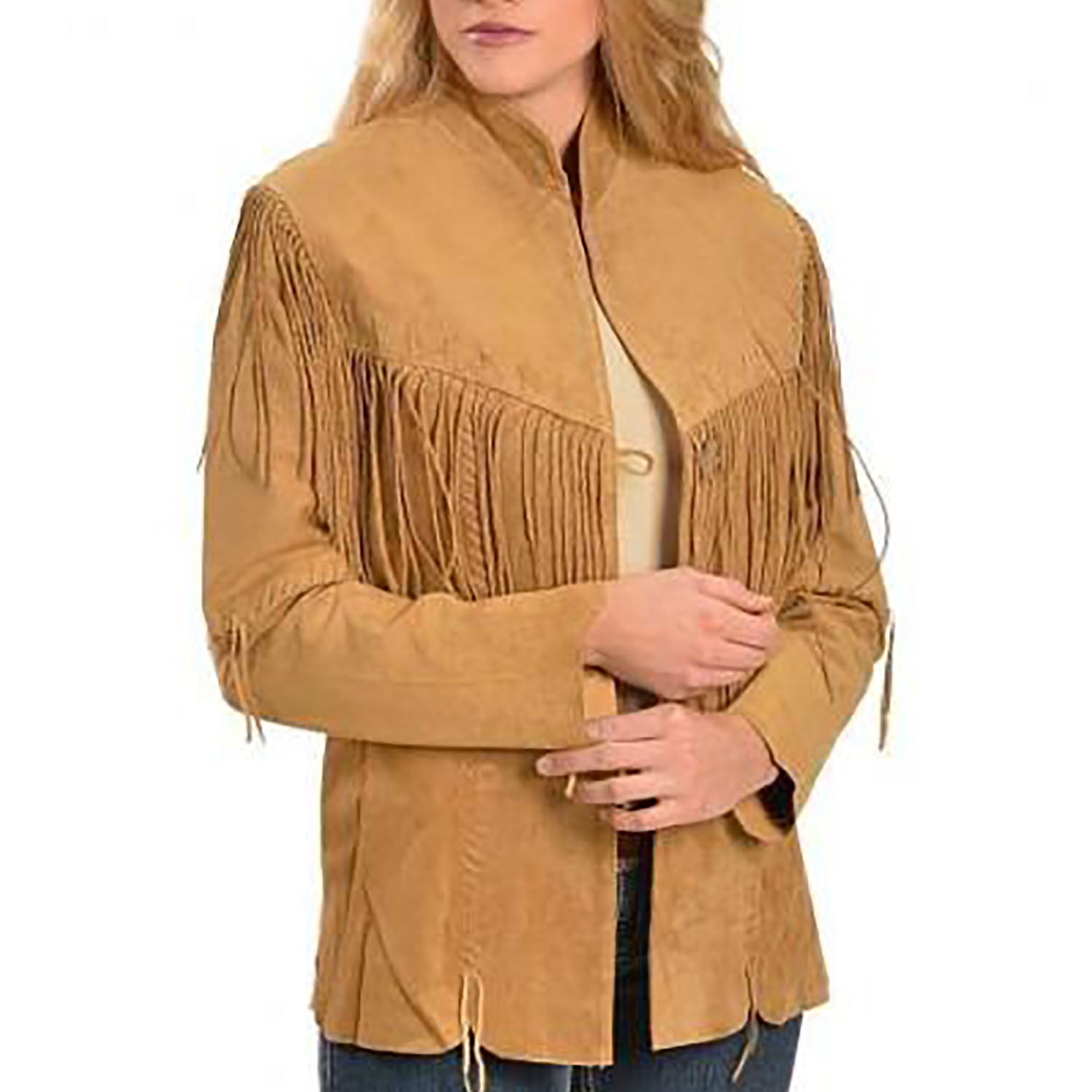 Cowgirl Cognac Brown Suede Leather Fringes Jacket front view