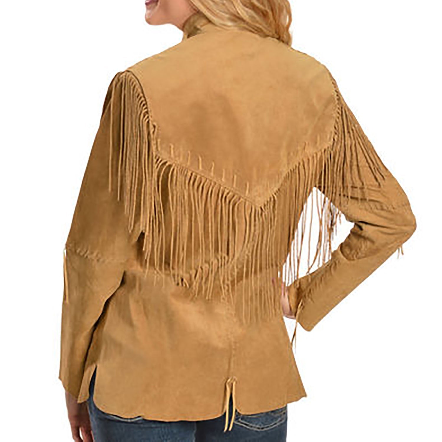 Cowgirl Cognac Brown Suede Leather Fringes Jacket side view