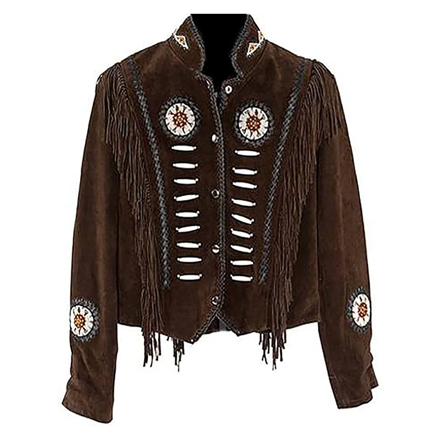 Cowgirl Dark Brown Suede Fringe Bone Beaded Jacket front view