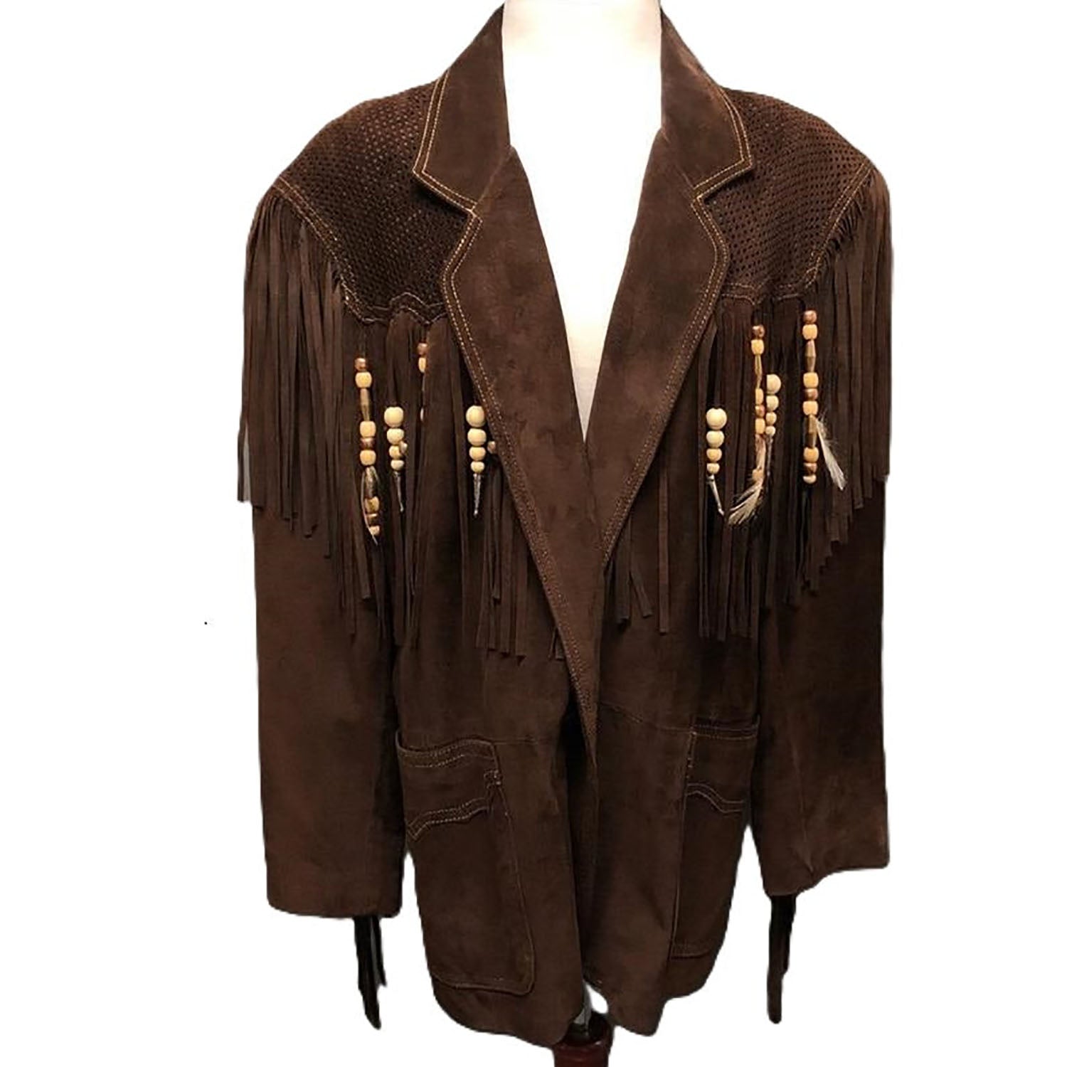 Cowgirl Dark Brown Suede Leather Fringe Beaded Jacket front view