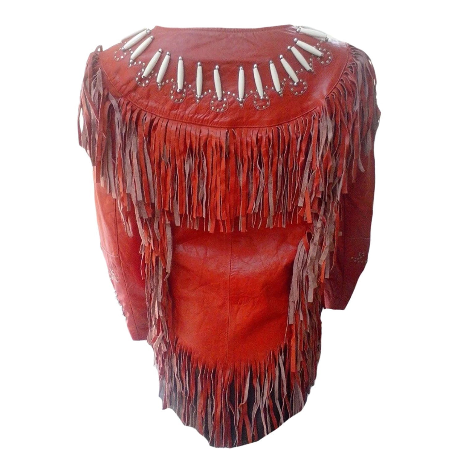 Cowgirl Red Leather Fringe Bone Jacket Coat side view