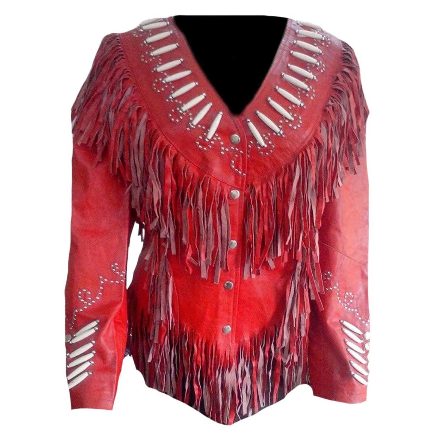 Cowgirl Red Leather Fringe Bone Jacket Coat front view