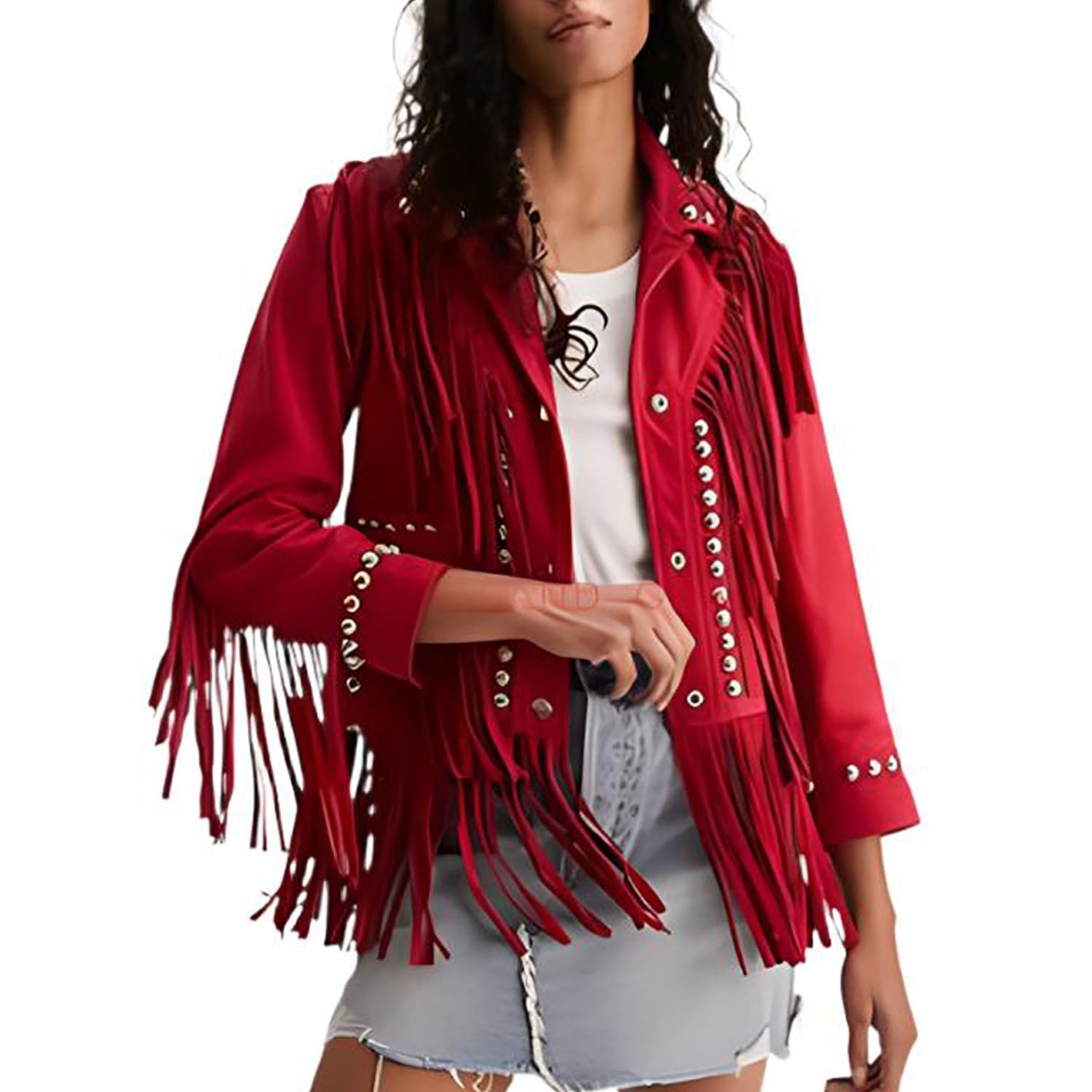 Cowgirl Red Leather Fringe Silver Stud Jacket front view