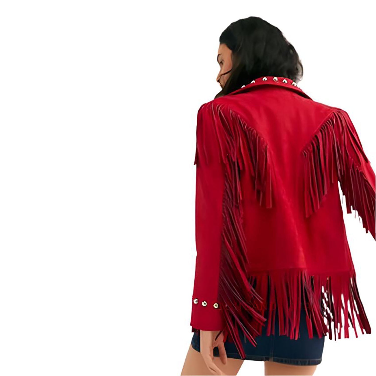 Cowgirl Red Leather Fringe Silver Stud Jacket side view