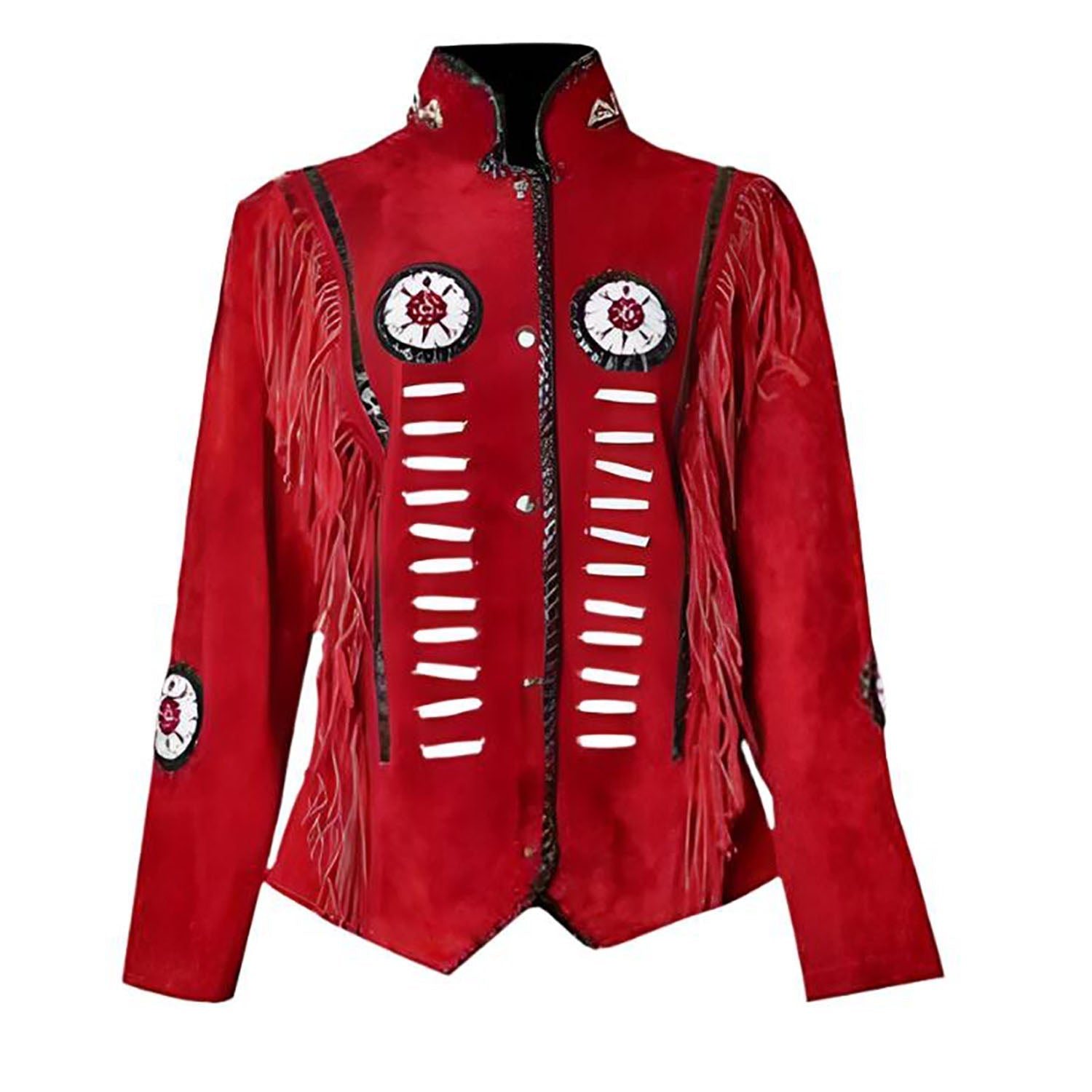 Cowgirl Red Suede Leather Fringe Bone Beaded Jacket front view