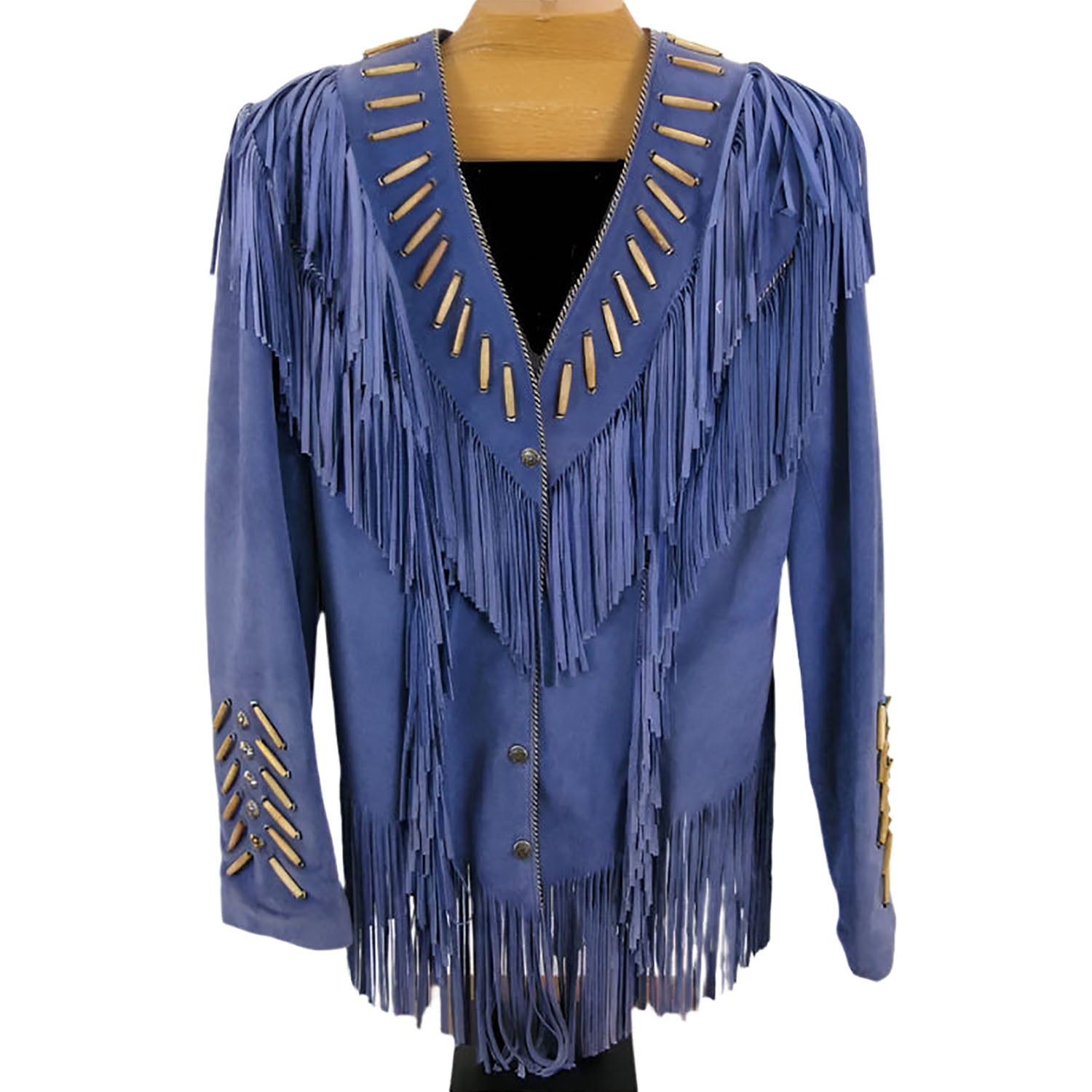Cowgirl Western Fringe Blue Suede Leather Jacket for Women front view