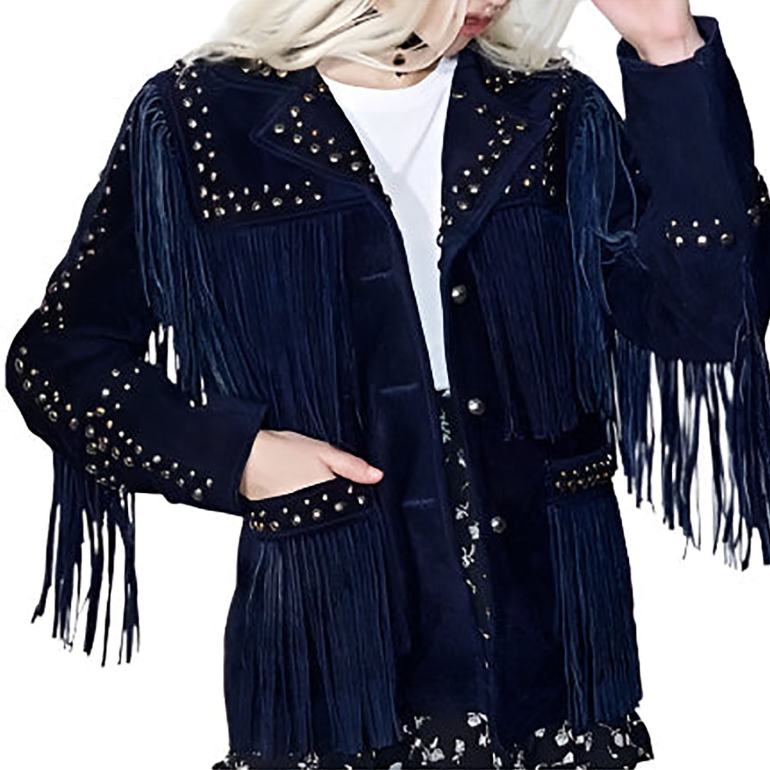 Cowgirl Western Fringe Blue Suede Leather Stud Jacket for Women front view