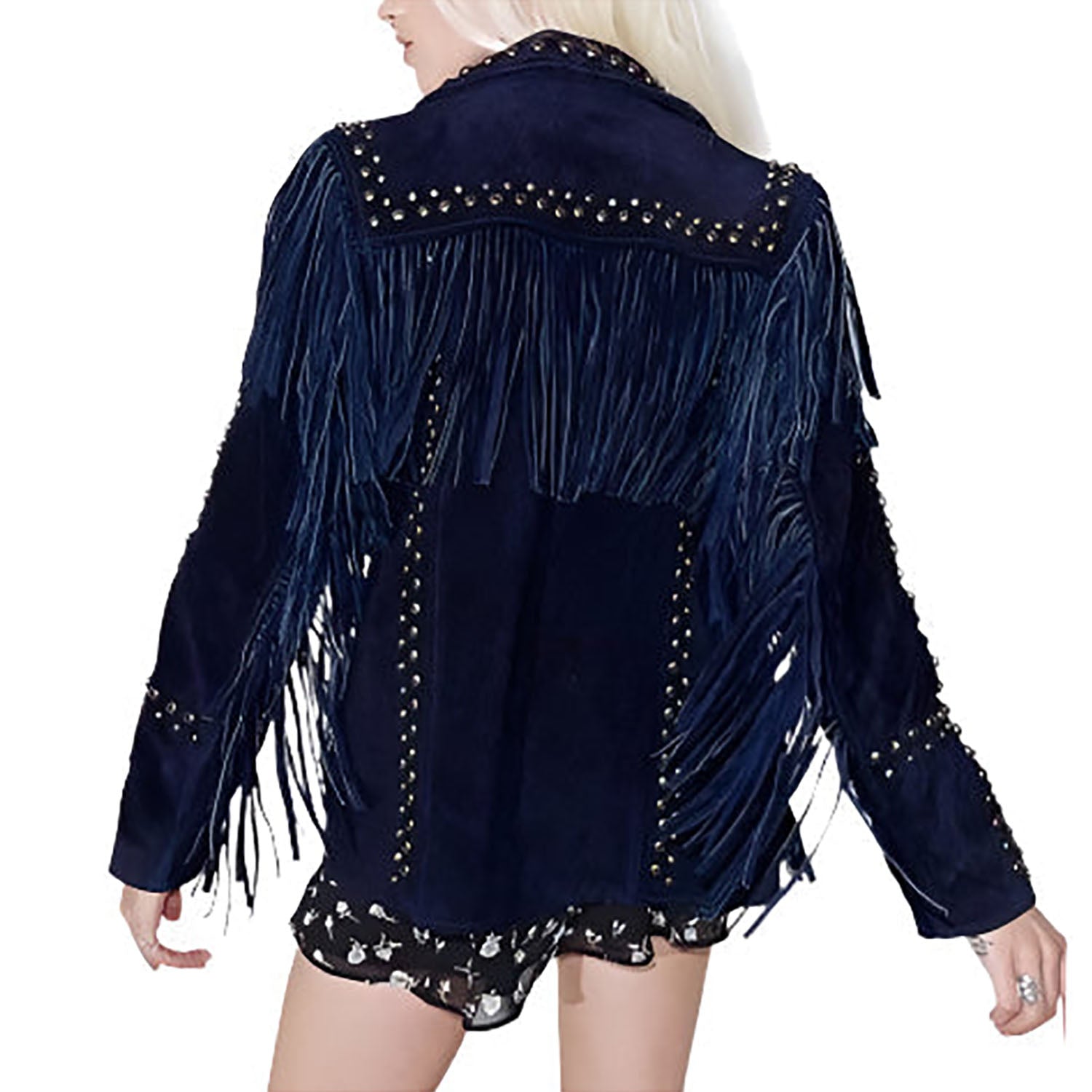 Cowgirl Western Fringe Blue Suede Leather Stud Jacket for Women side view