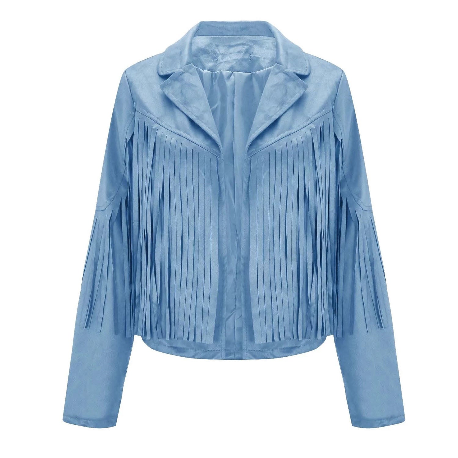Cowgirl Western Fringe Light Blue Leather Jacket for Women front view