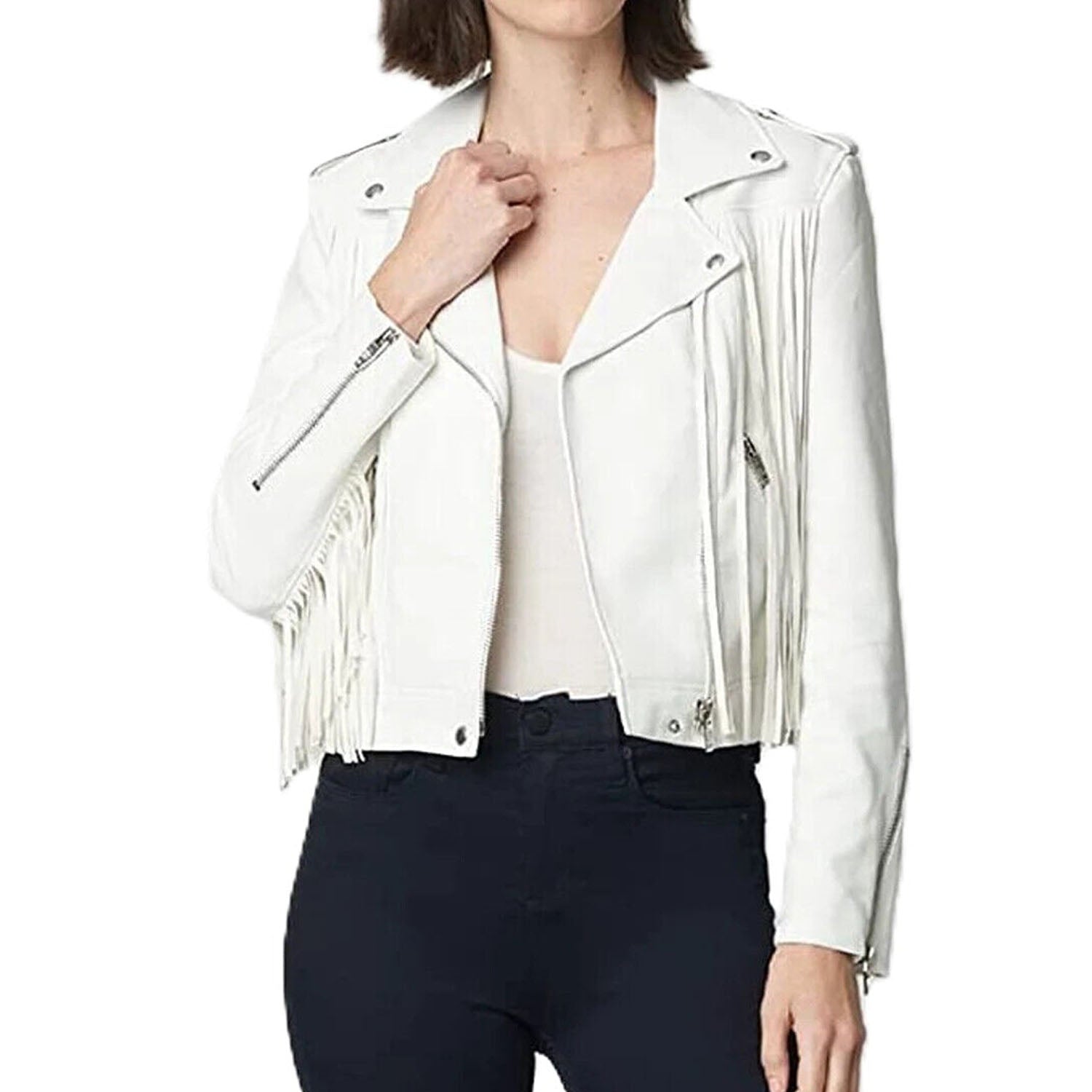 Cowgirl White Leather Long Fringes Biker Jacket front view