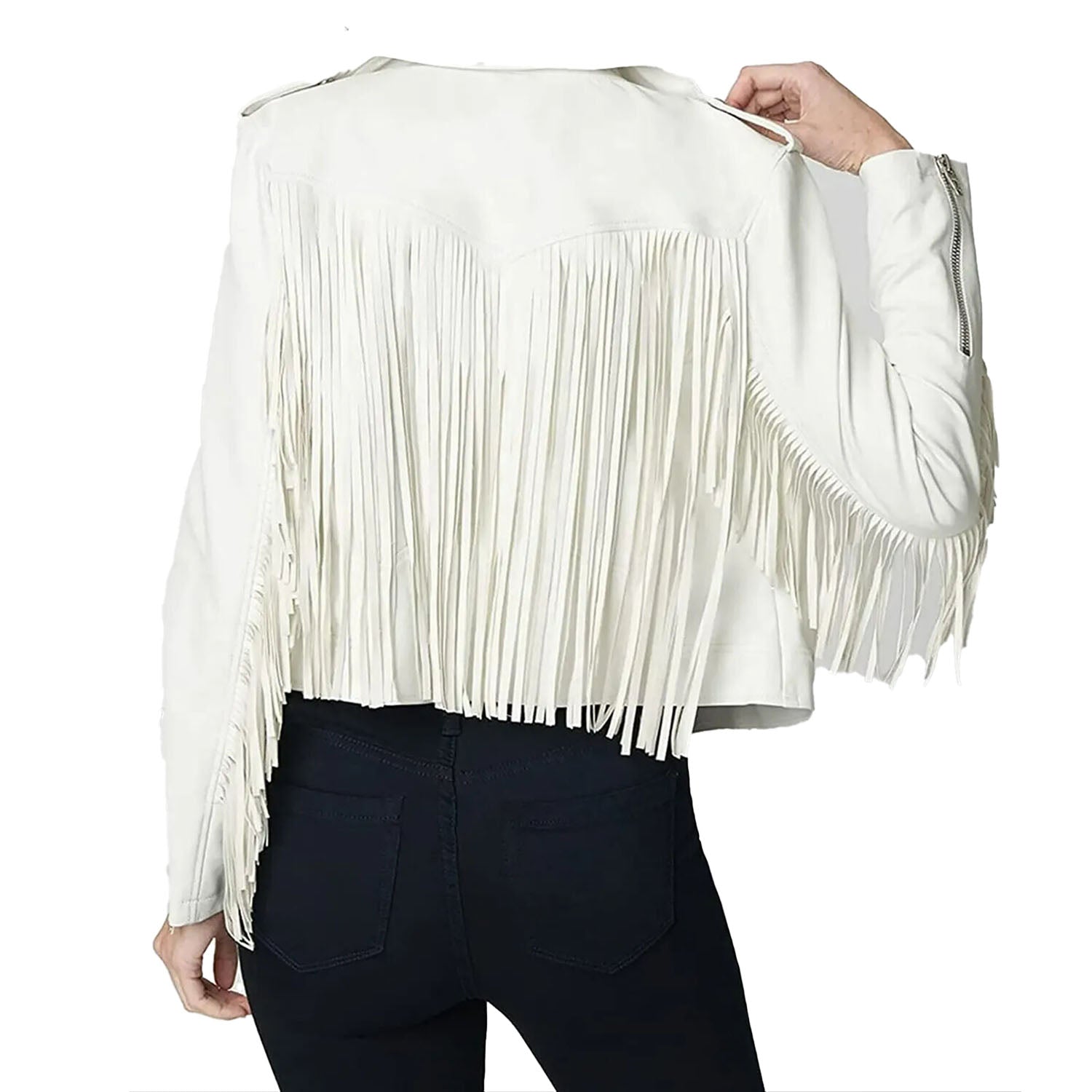 Cowgirl White Leather Long Fringes Biker Jacket side view