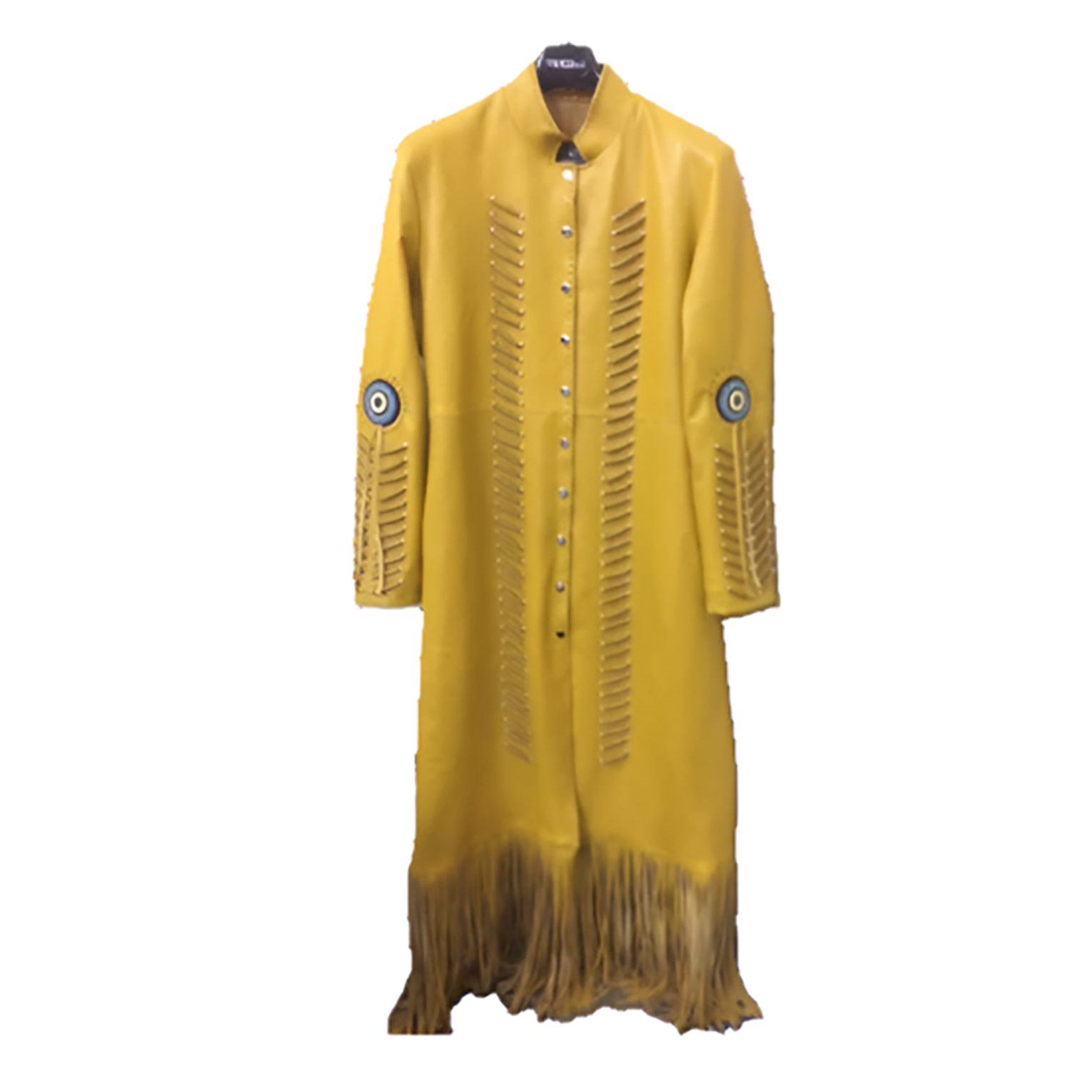 Cowgirl Yellow Golden Leather Fringe Bone Beaded Long Dress front view