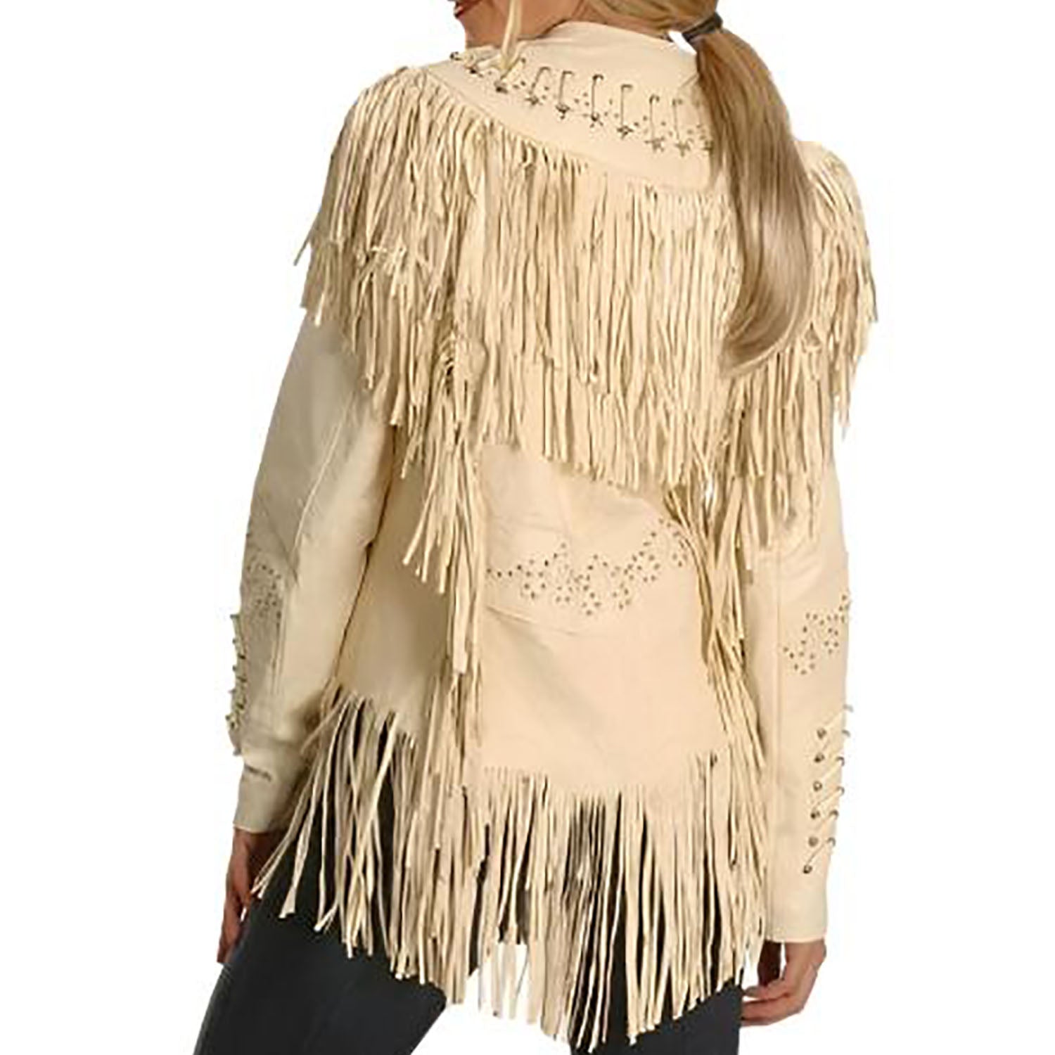 Cowgirl's Beige Leather Fringes Bone work Jacket side view
