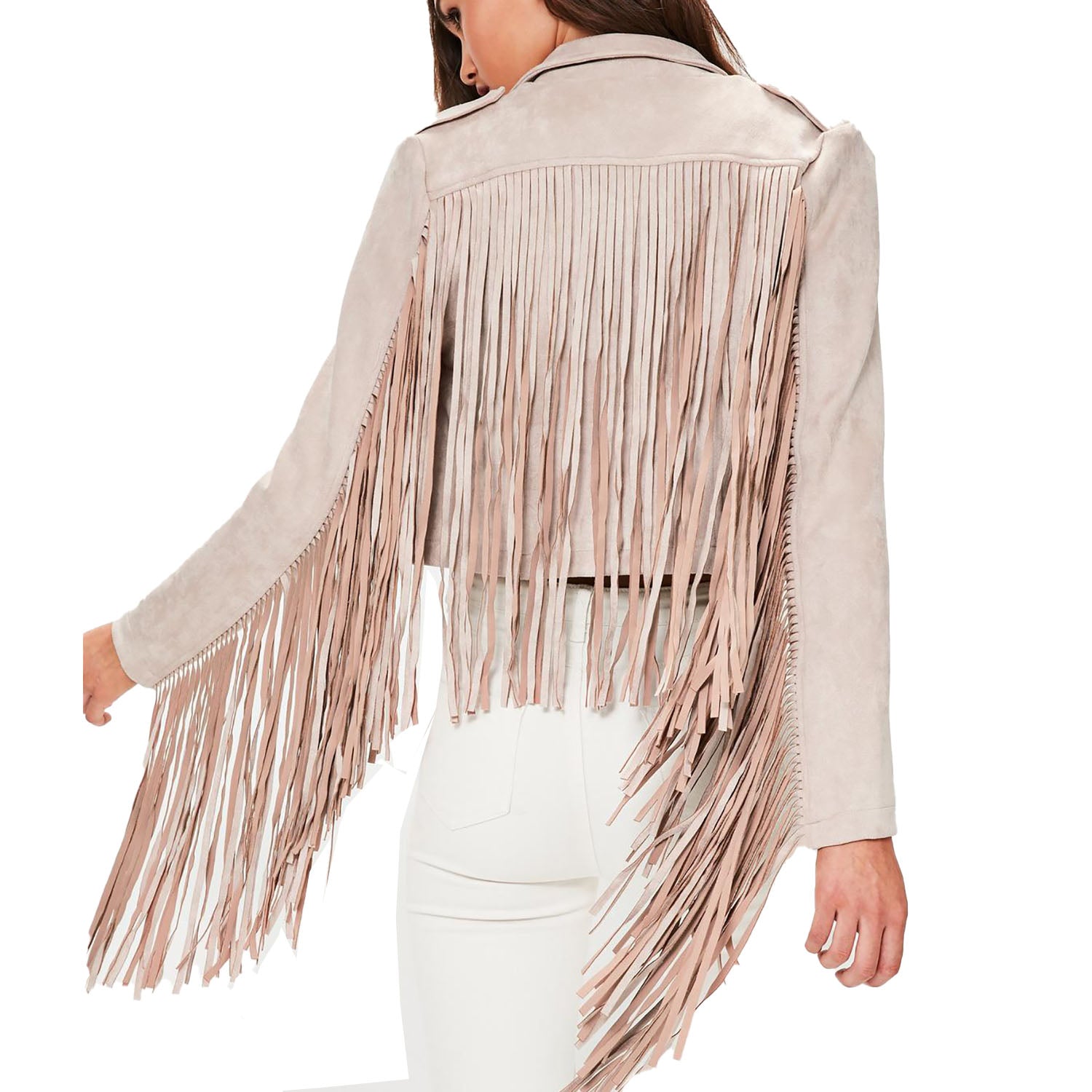 Cowgirl's Beige Leather Fringes Short Body Biker Jacket side view