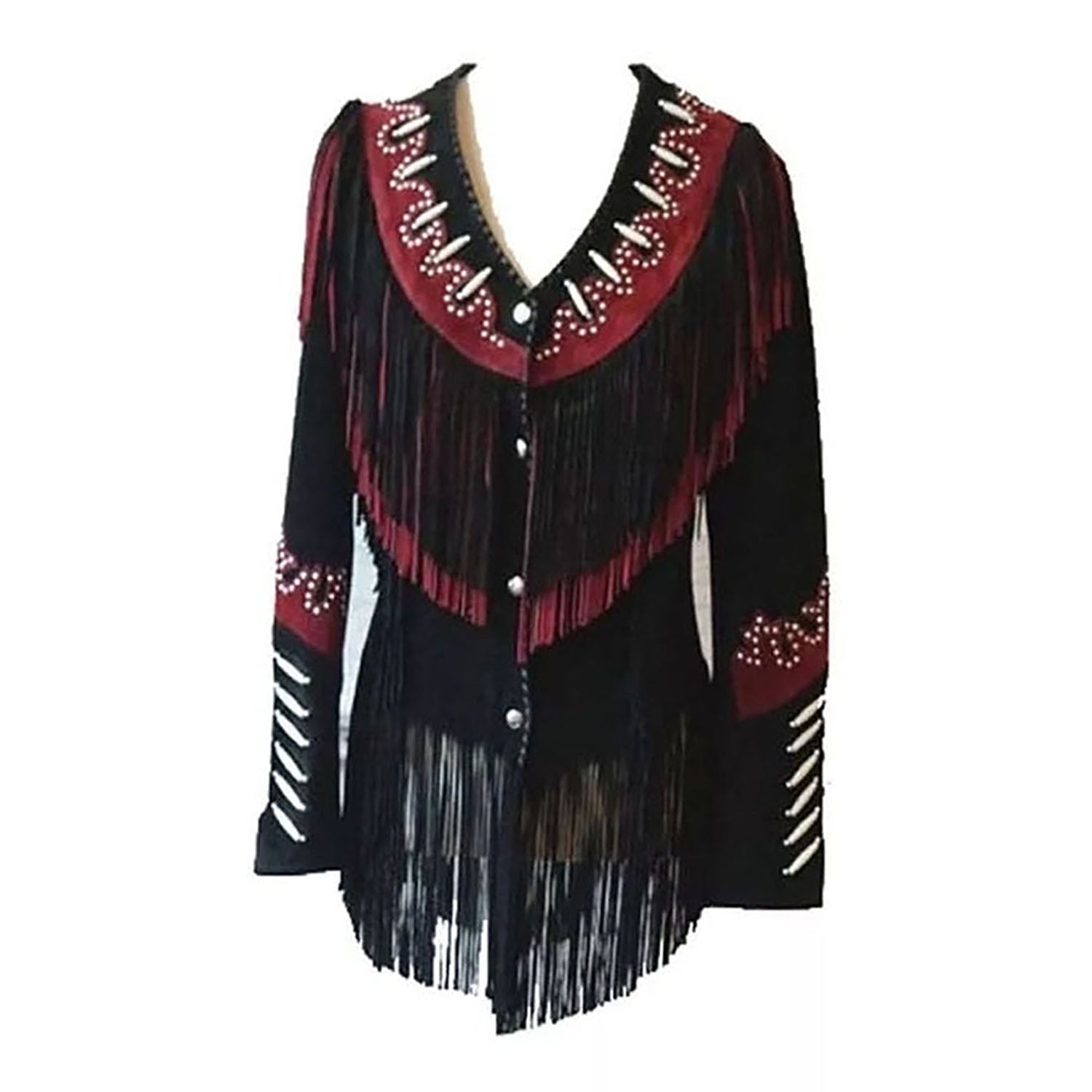 Cowgirl's Black Suede Leather Fringe Bead Bones Jacket front view