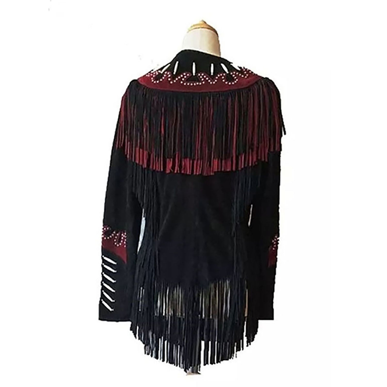 Cowgirl's Black Suede Leather Fringe Bead Bones Jacket side view