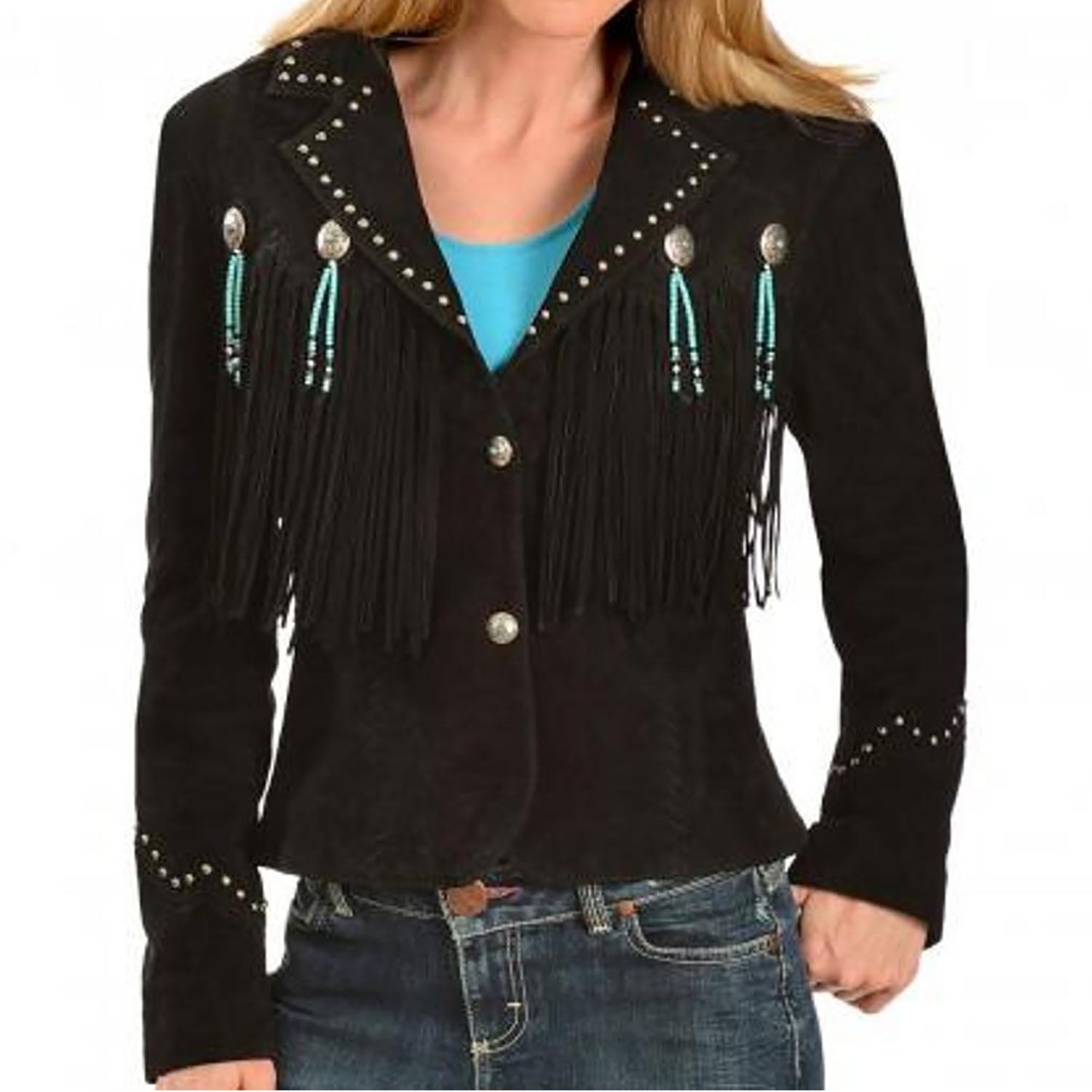 Cowgirl's Black Suede Leather Fringe Beaded Tassels Jacket front view