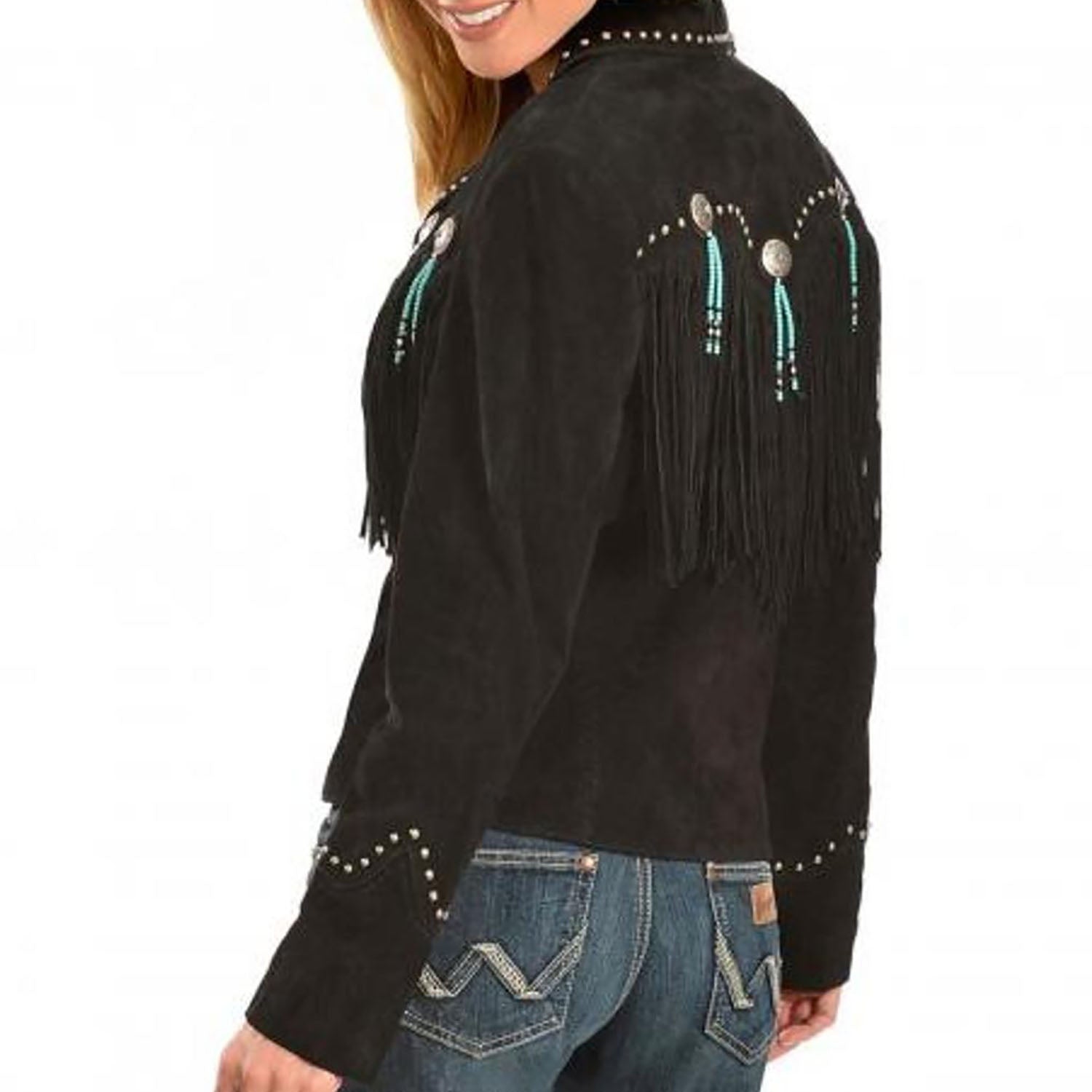 Cowgirl's Black Suede Leather Fringe Beaded Tassels Jacket side view