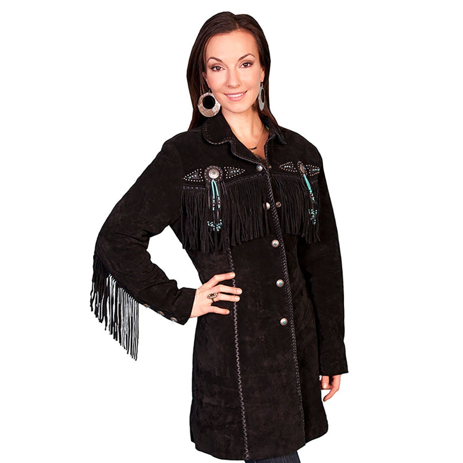 Cowgirl's Black Suede Leather Fringe & Concho Long Jacket front view