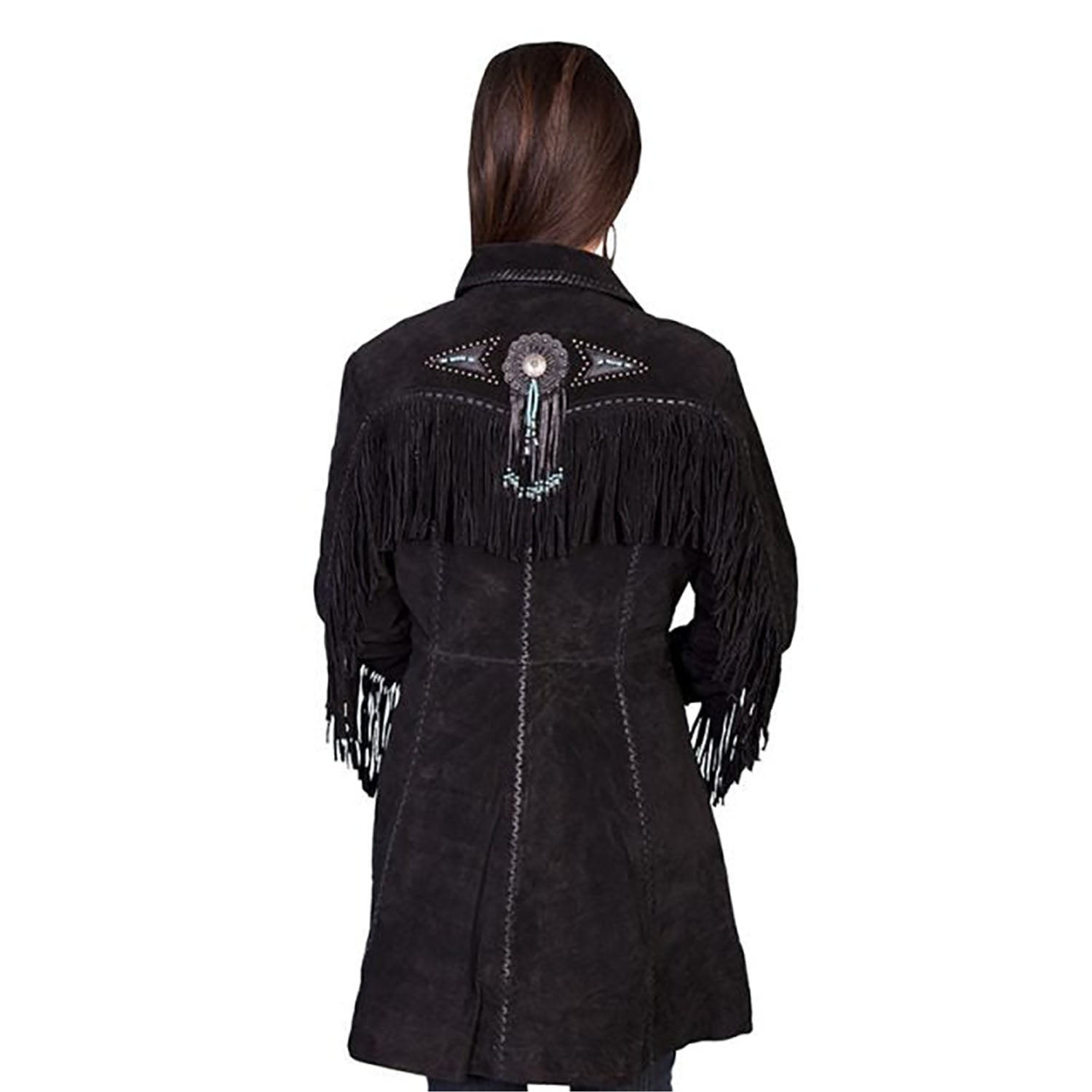 Cowgirl's Black Suede Leather Fringe & Concho Long Jacket side view