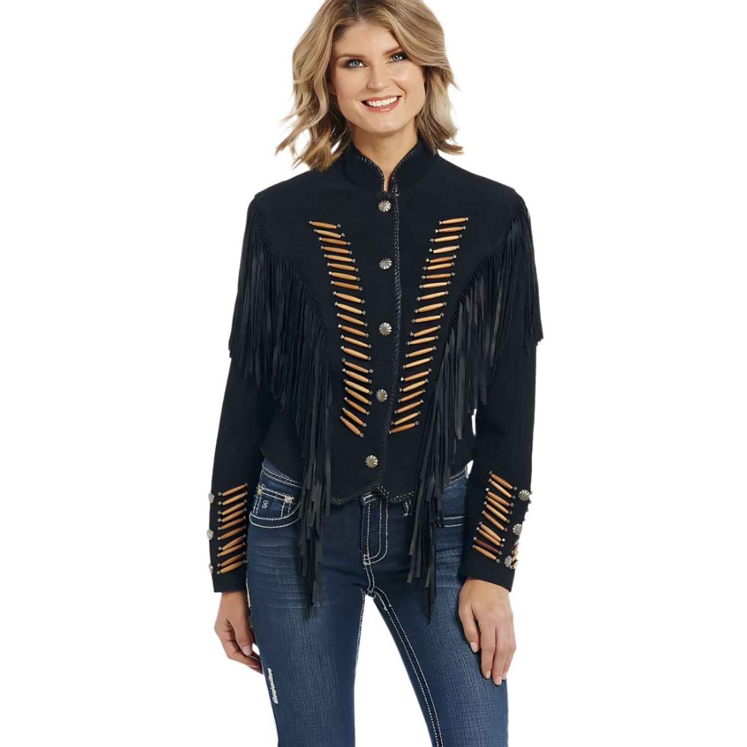 Cowgirl's Black Suede Leather Fringes Bone Jacket Warrior Style front view