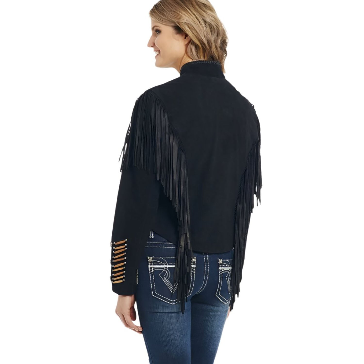 Cowgirl's Black Suede Leather Fringes Bone Jacket Warrior Style side view