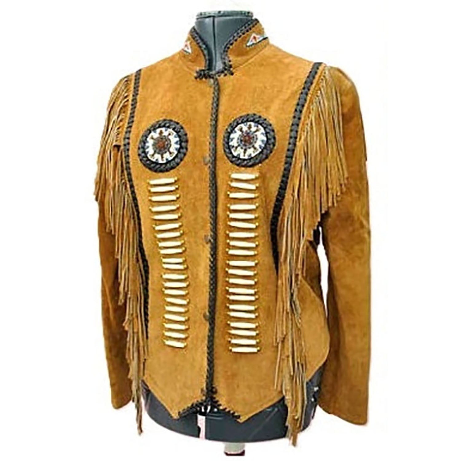 Cowgirl's Brown Suede Leather Fringe Bone Beaded Jacket front view