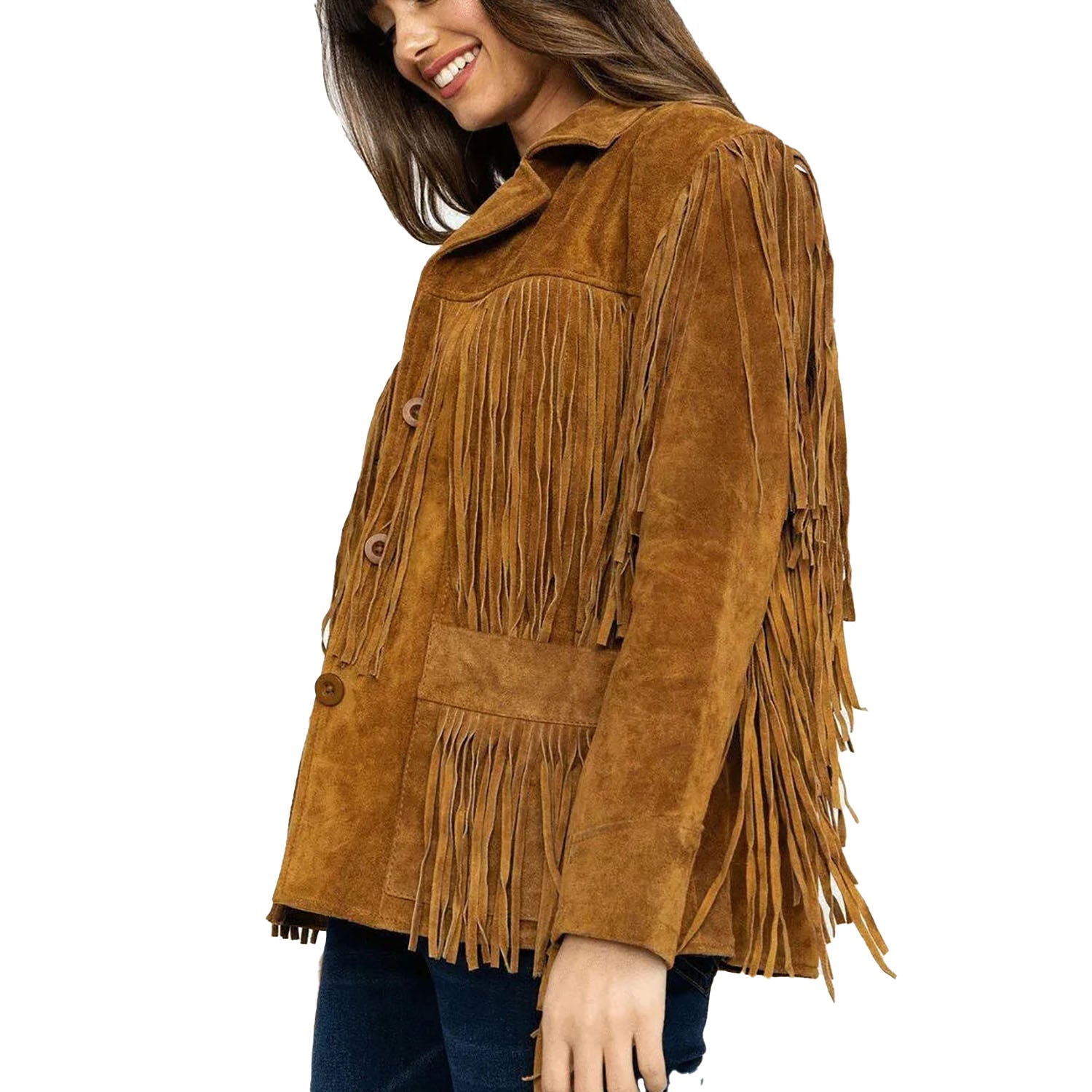 Cowgirl's Brown Suede Leather Fringes Jacket front view
