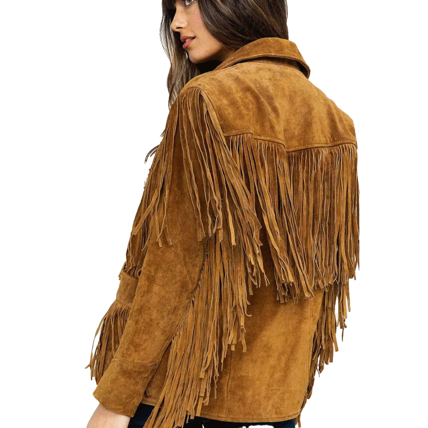 Cowgirl's Brown Suede Leather Fringes Jacket side view
