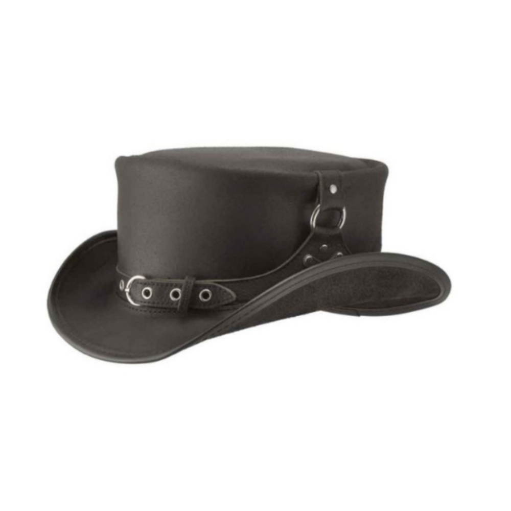 Black leather hat with a strap on a white background