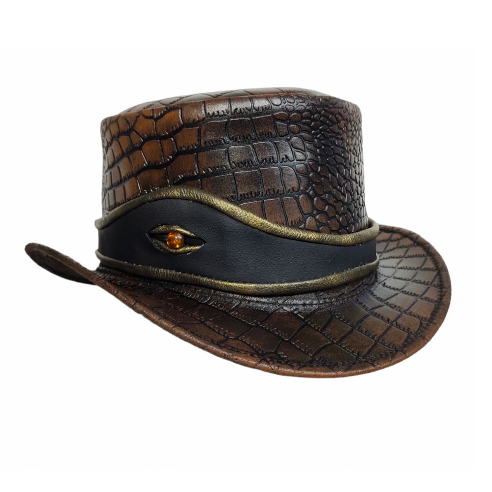 Brown leather hat with crocodile texture and decorative band on a white background