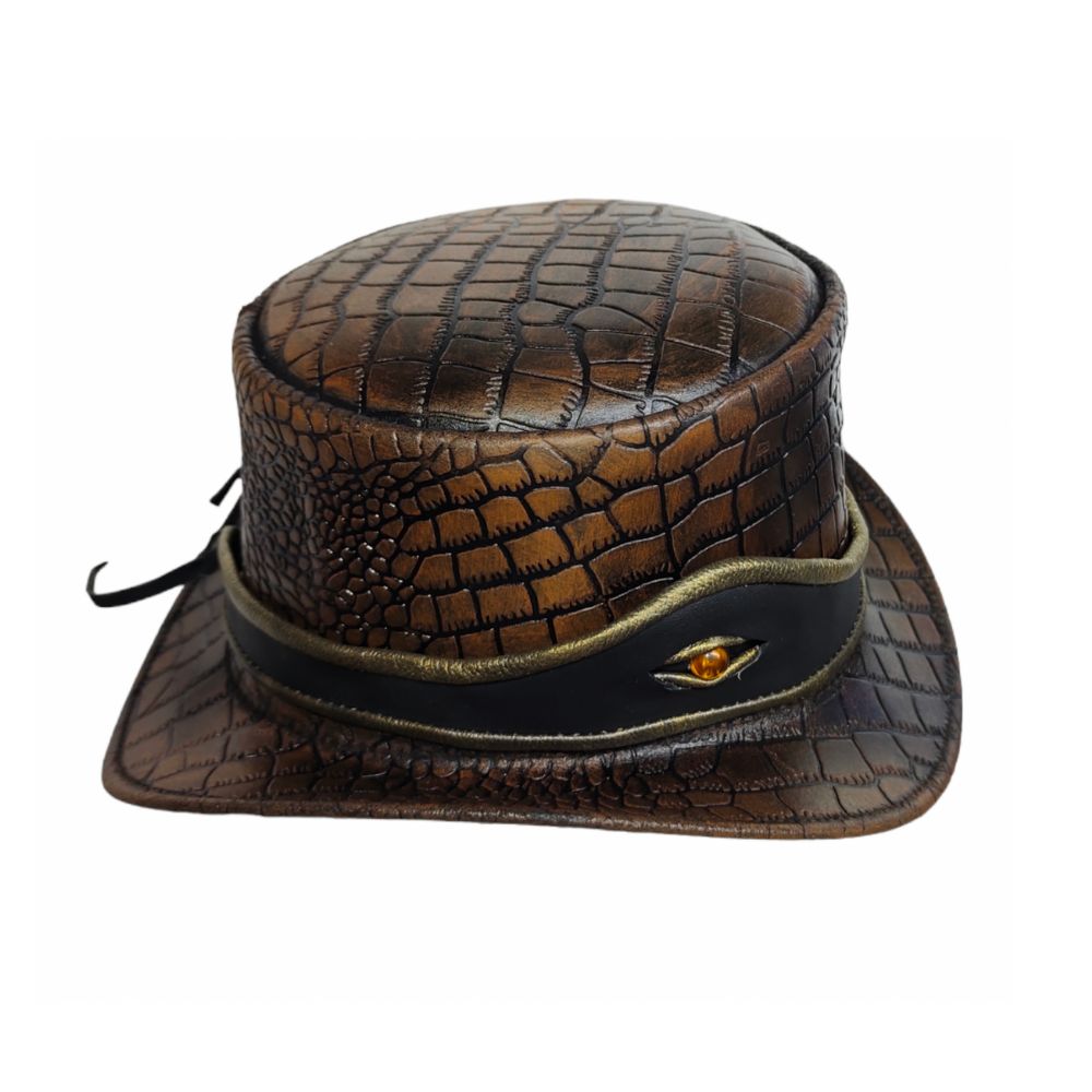 Brown leather hat with a textured pattern on a white background