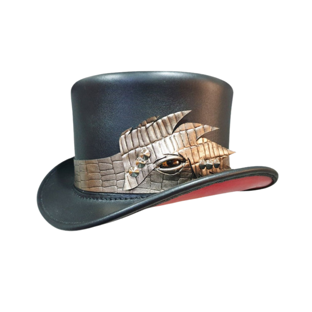 Black top hat with decorative band featuring a face design on a white background