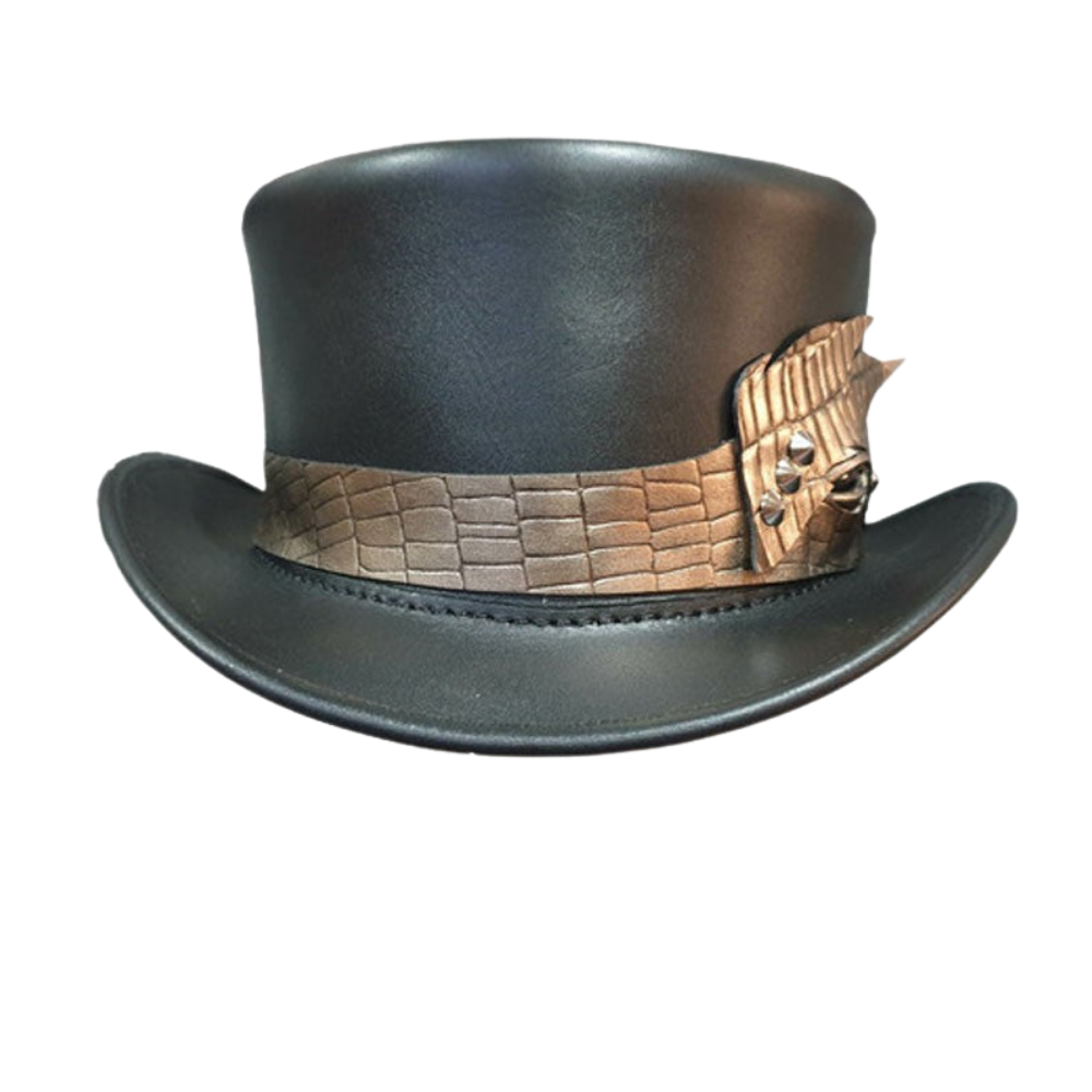 Black top hat with brown alligator skin band on a white background