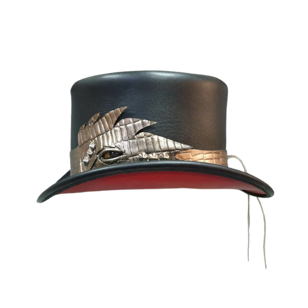Black and red hat with decorative elements on a white background