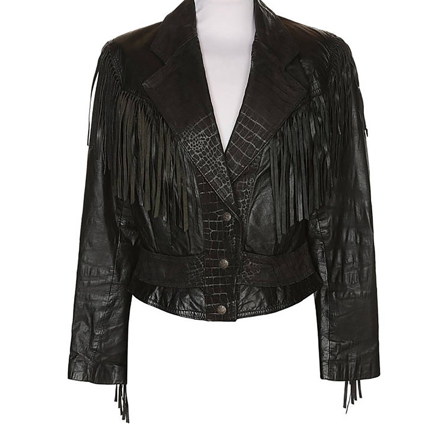 Crocodile Texture Black Leather Fringe Jacket For Women front view