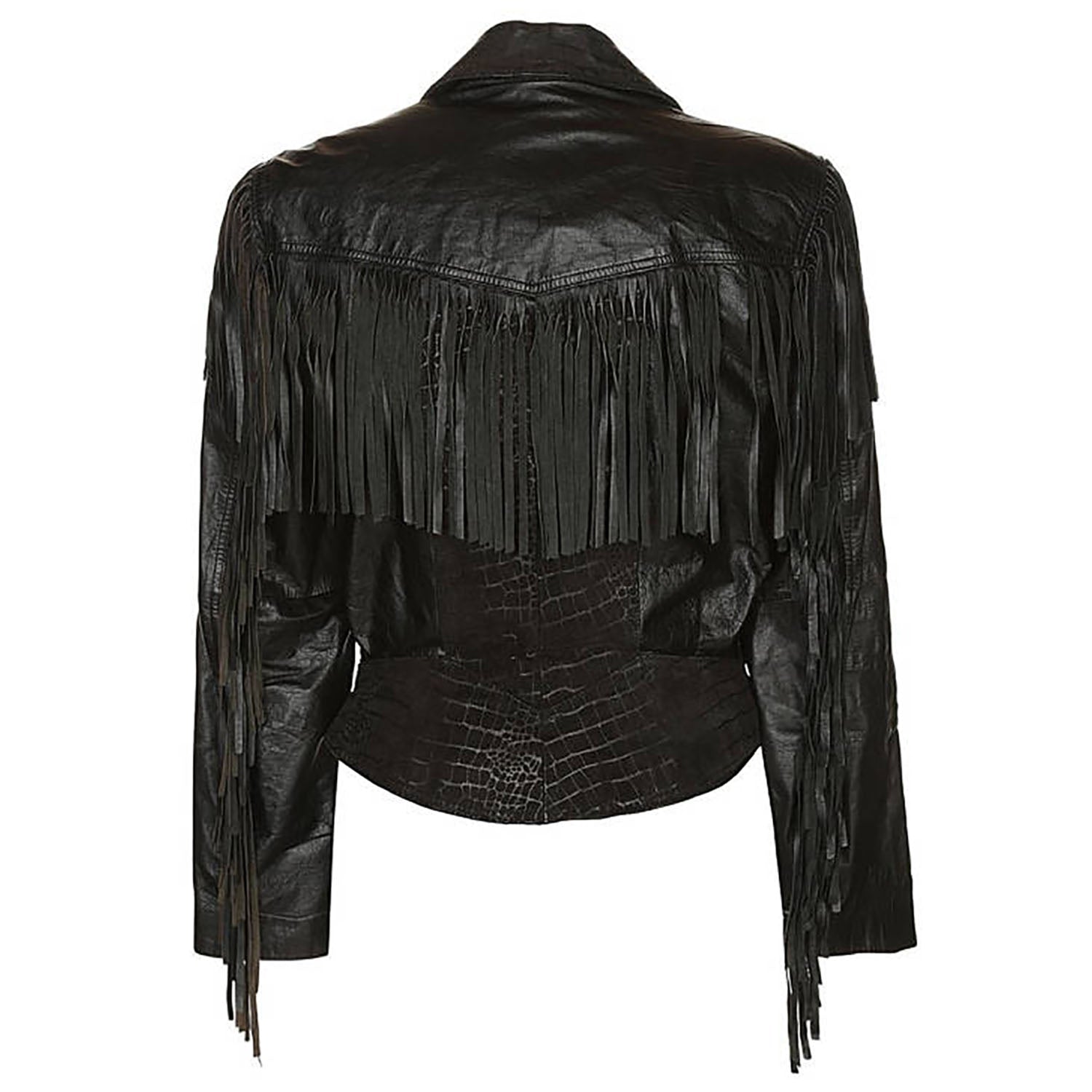 Crocodile Texture Black Leather Fringe Jacket For Women side view