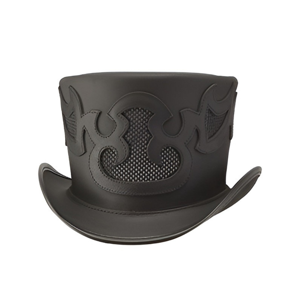 Black top hat with decorative patterns on a white background