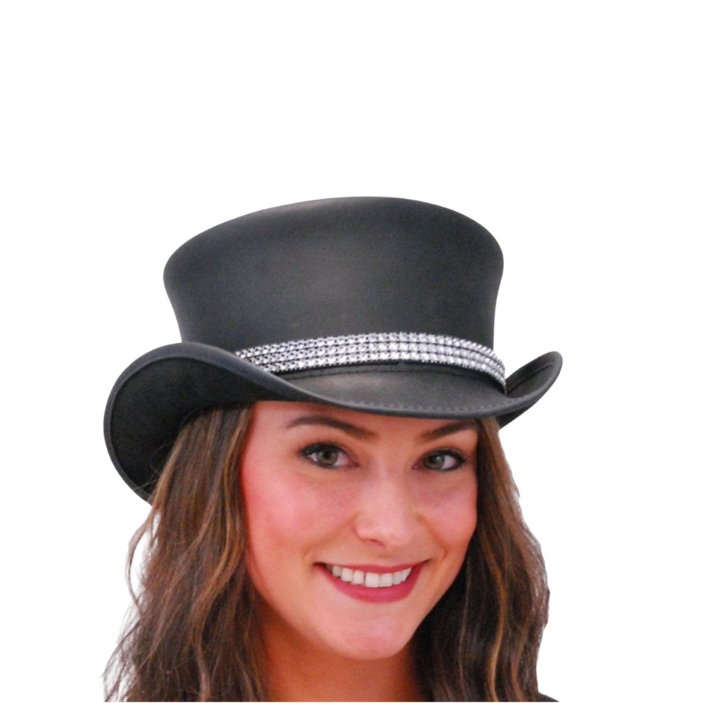 Black cowboy hat with a silver band worn by a person on a white background