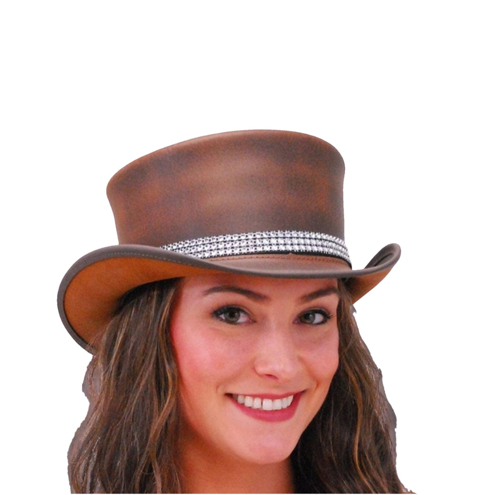 Woman wearing a brown cowboy hat with a silver band on a white background