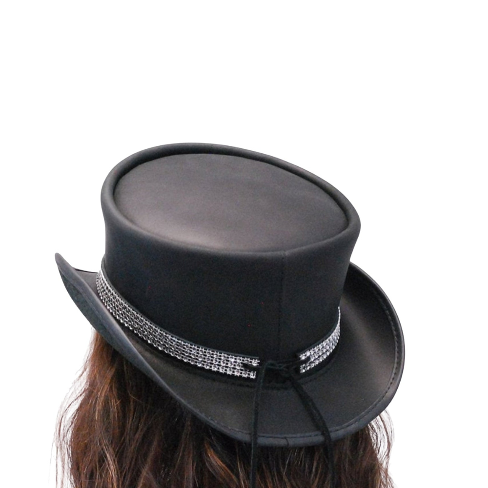Black top hat with decorative band on a white background